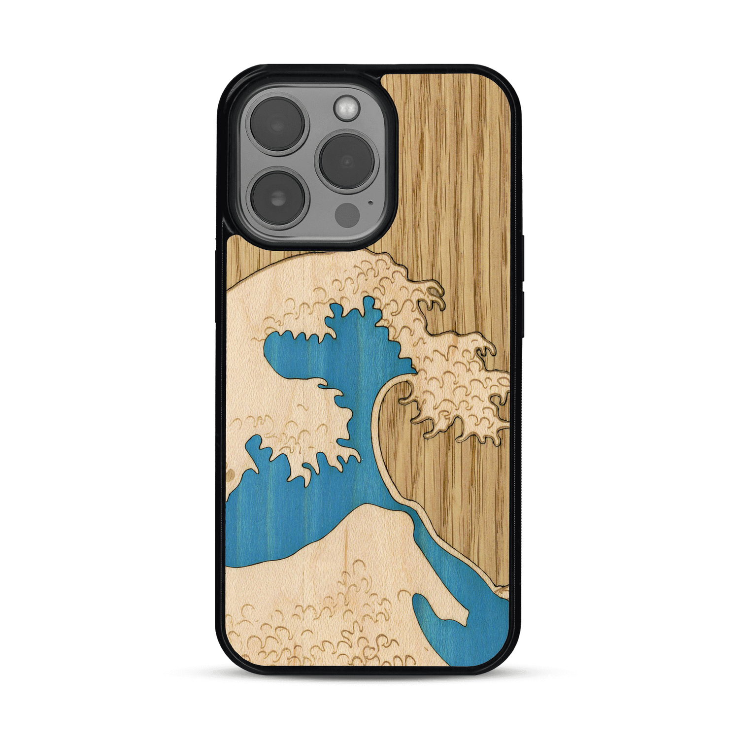 Coque de protection en bois véritable fabriquée en France pour  alliant plusieurs essences de bois pour représenter la célèbre grande vague de Kanagawa