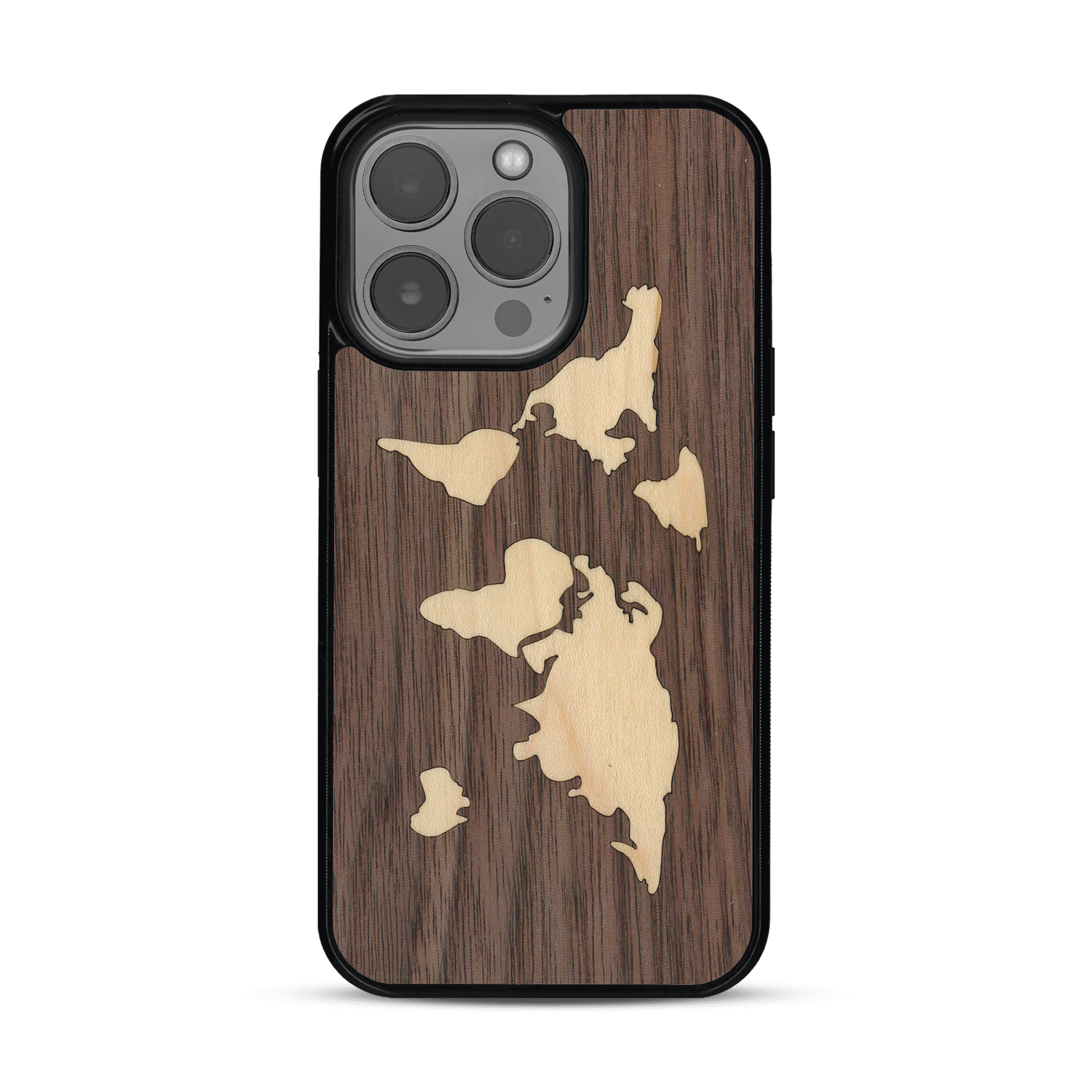 Coque de protection en bois véritable fabriquée en France pour  alliant du bambou et du noyer sur le thème du voyage et de l'aventure représentant une mappemonde