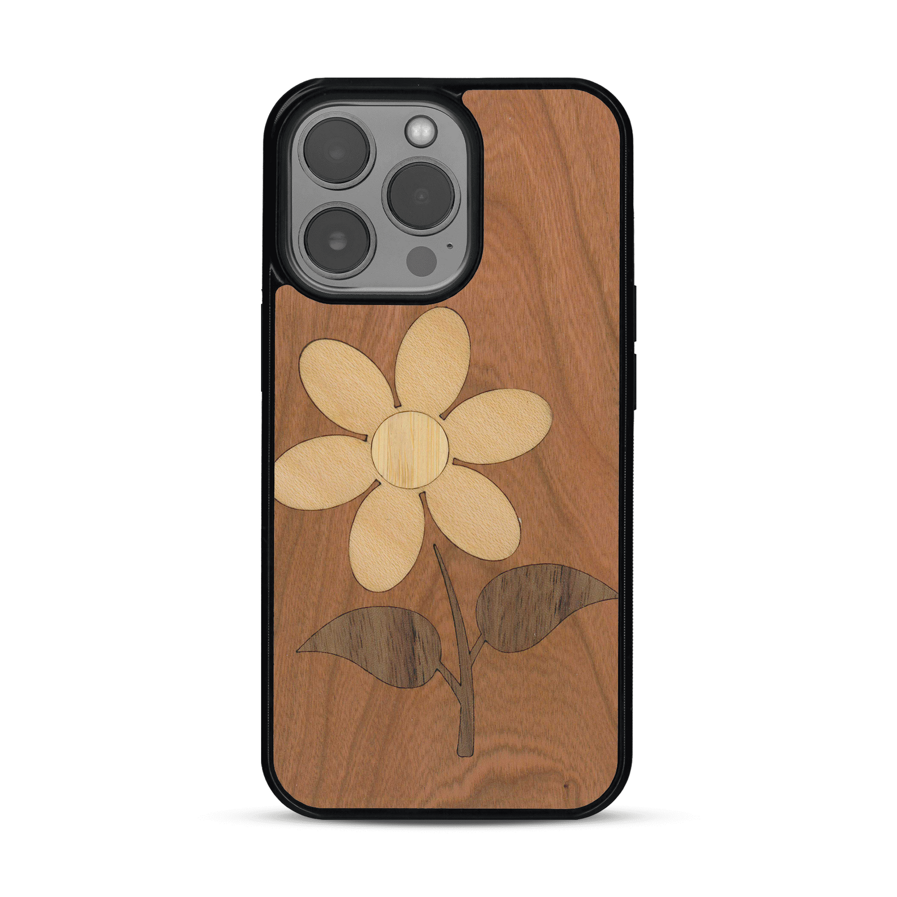 Coque de protection en bois véritable fabriquée en France pour  alliant plusieurs essences de bois pour représenter une marguerite