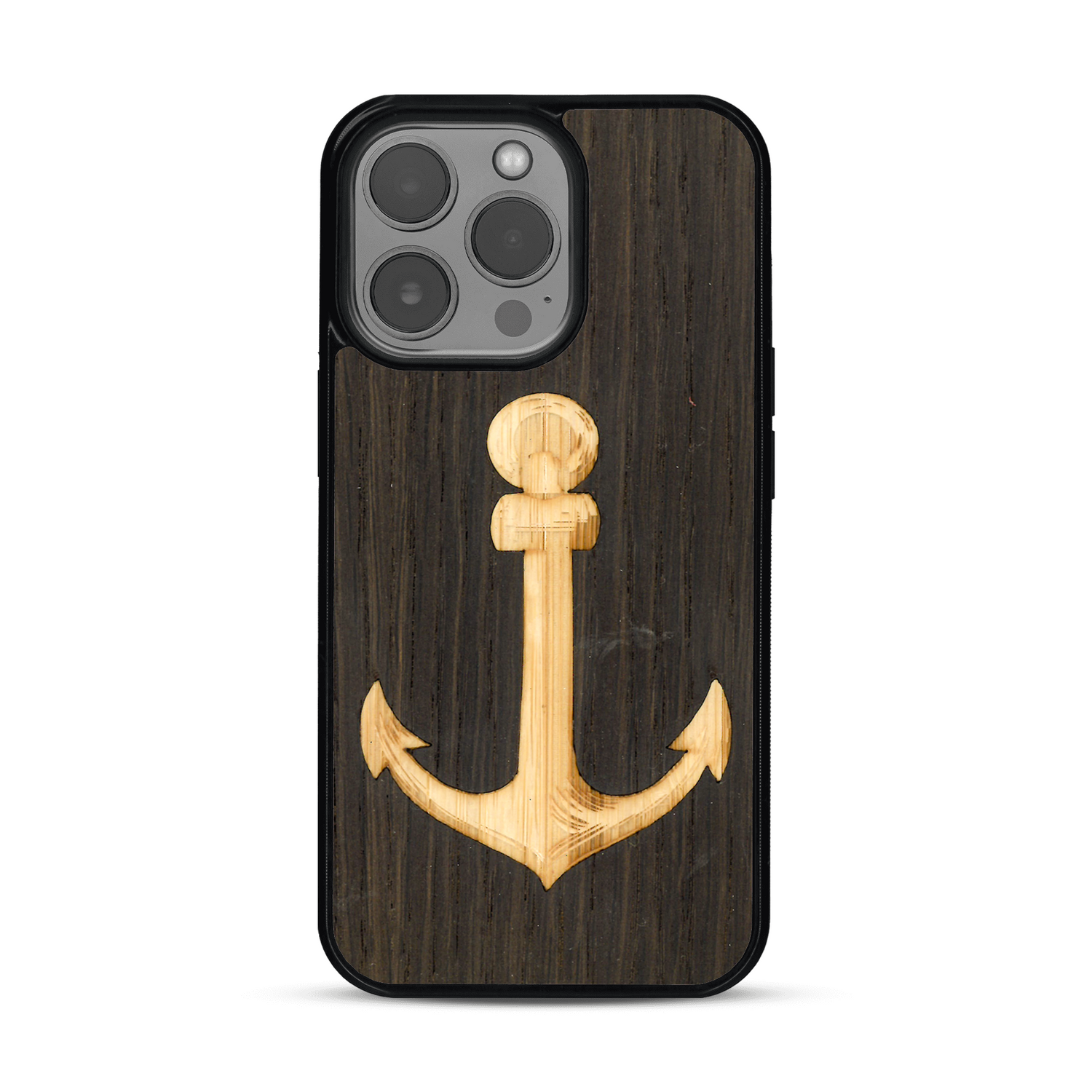 Coque de protection en bois véritable fabriquée en France pour  sur le thème nautique avec un bois clair et un bois foncé représentant une ancre de bateau