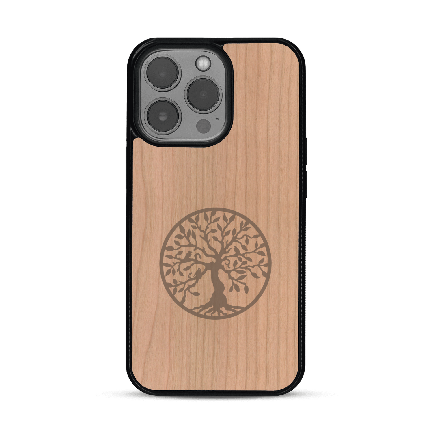 Coque de protection en bois véritable fabriquée en France pour  sur le thème de la spiritualité et du yoga avec une gravure zen représentant un arbre de vie