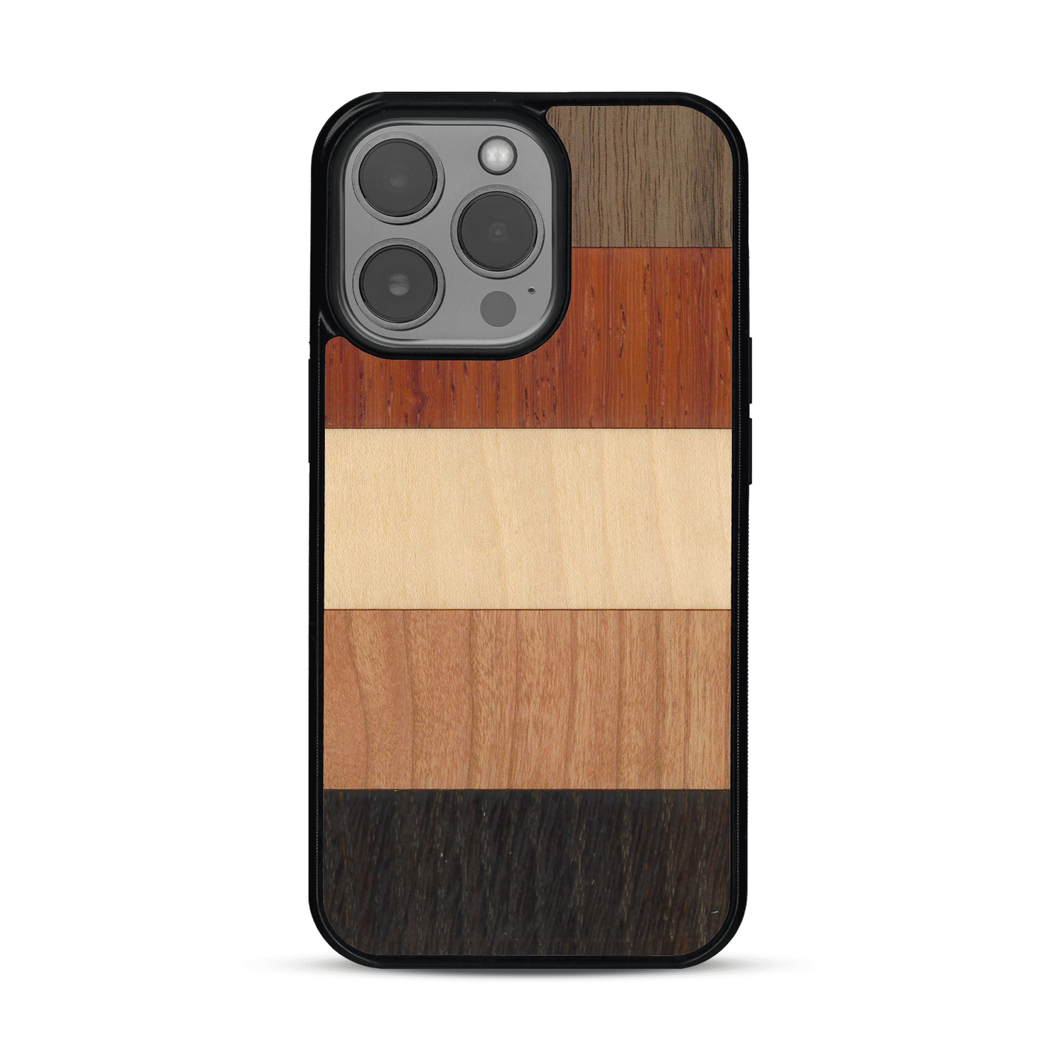 Coque de protection en bois véritable fabriquée en France pour  alliant des bandes horizontales de bambou, merisier, padouk, noyer et chêne fumé
