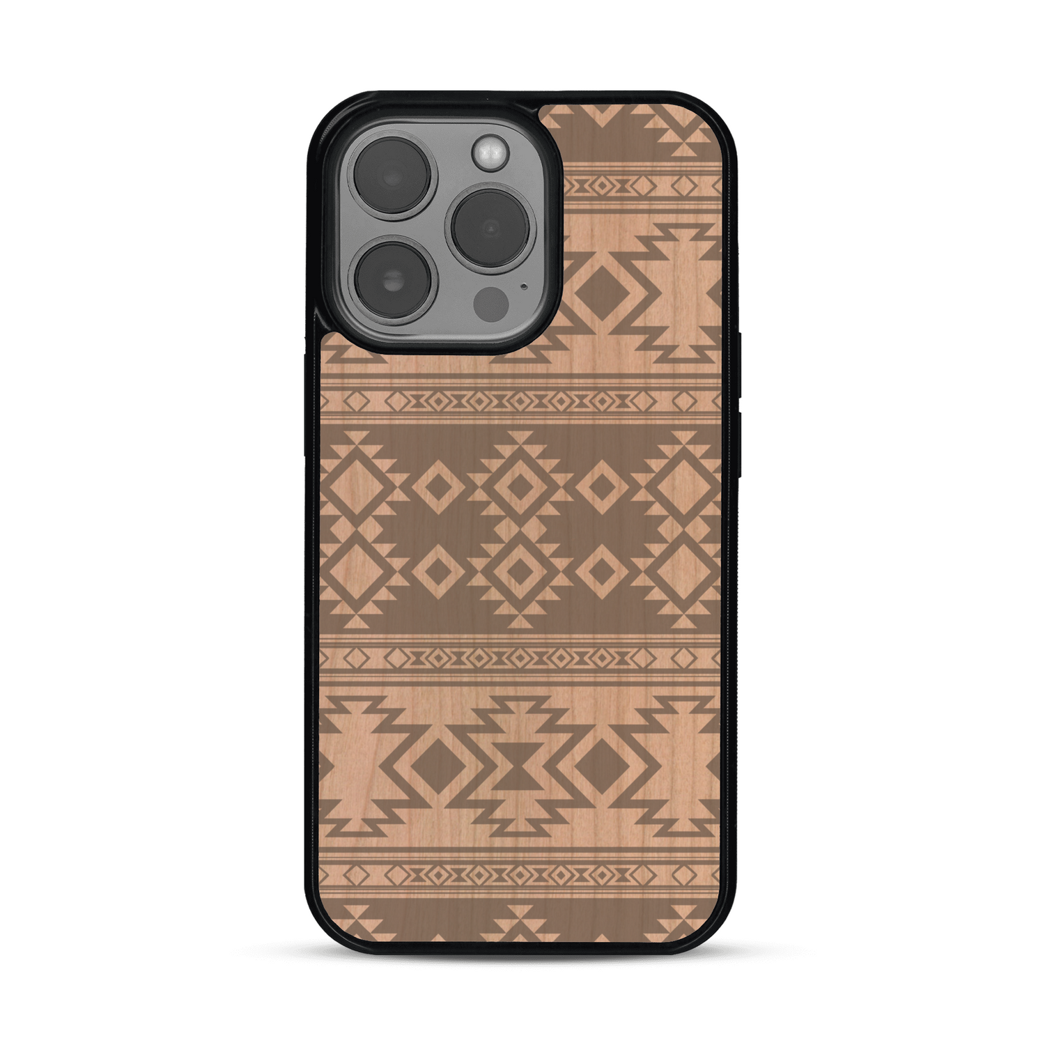 Coque de protection en bois véritable fabriquée en France pour  avec des motifs géométriques s'inspirant des temples aztèques, mayas et incas