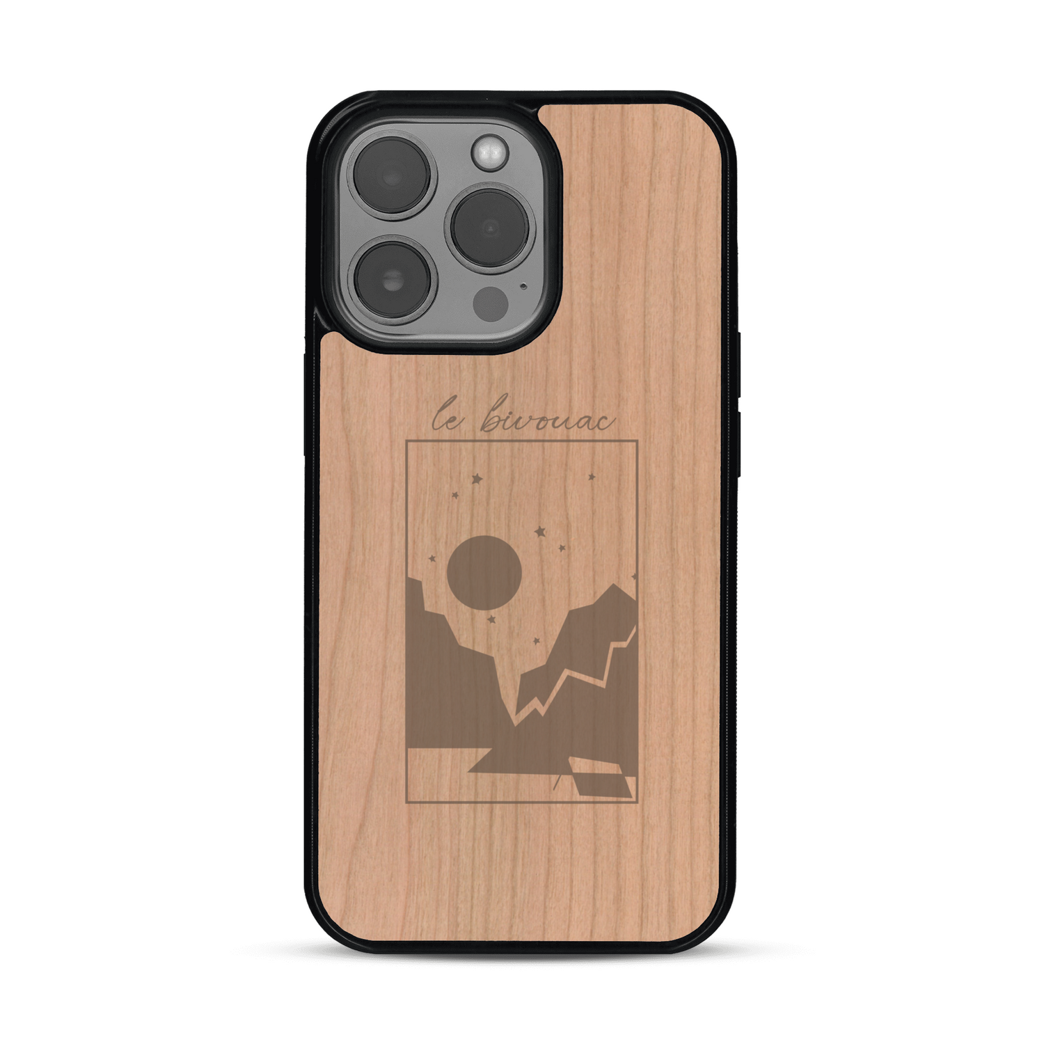 Coque de protection en bois véritable fabriquée en France pour  sur le thème du camping en pleine nature et du bivouac avec la phrase "Aventure is out there"