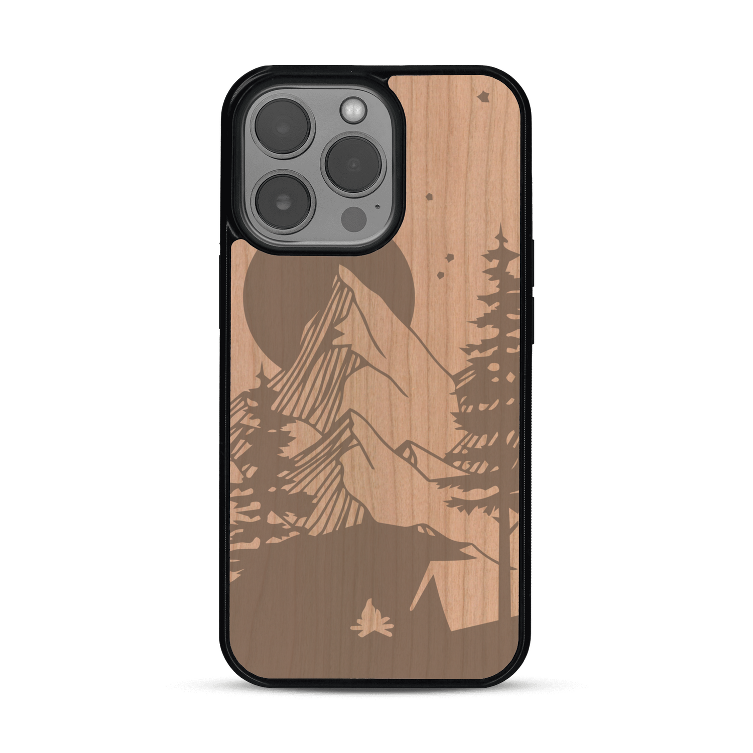 Coque de protection en bois véritable fabriquée en France pour  sur le thème du camping en pleine nature représentant une tente avec un feu de camp entouré de montagnes