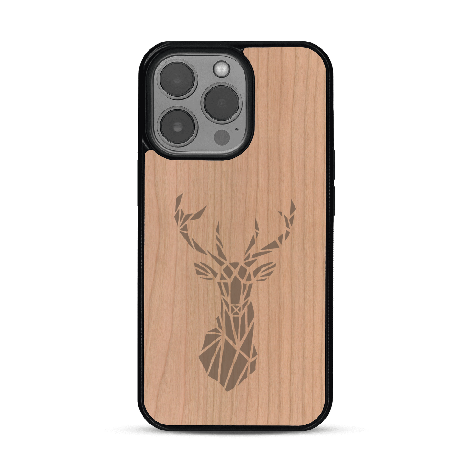 Coque de protection en bois véritable fabriquée en France pour  sur le thème de la nature et des animaux représentant une tête de cerf gométrique avec un design moderne et minimaliste