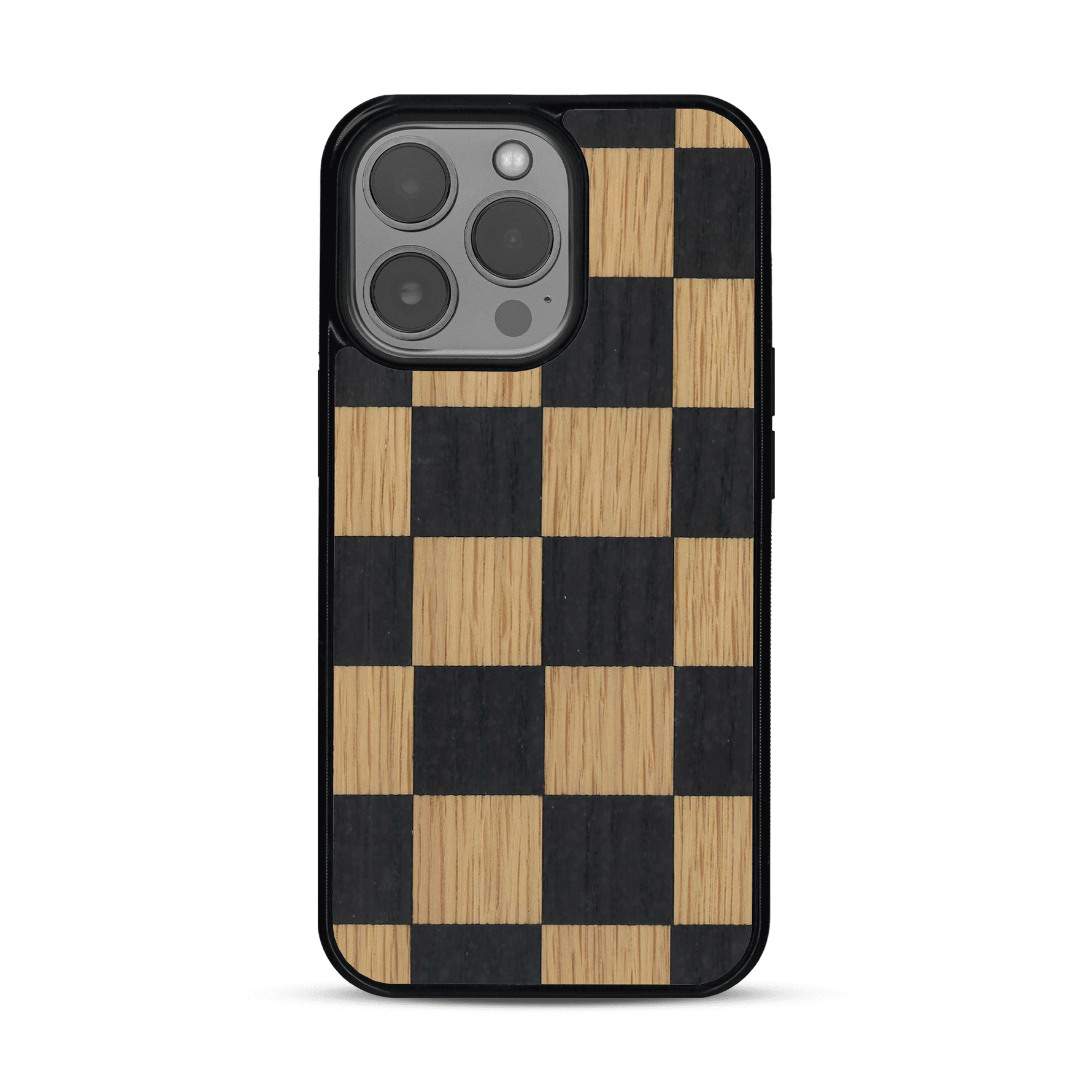 Coque de protection en bois véritable fabriquée en France pour  alliant plusieurs essences de bois pour représenter un damier