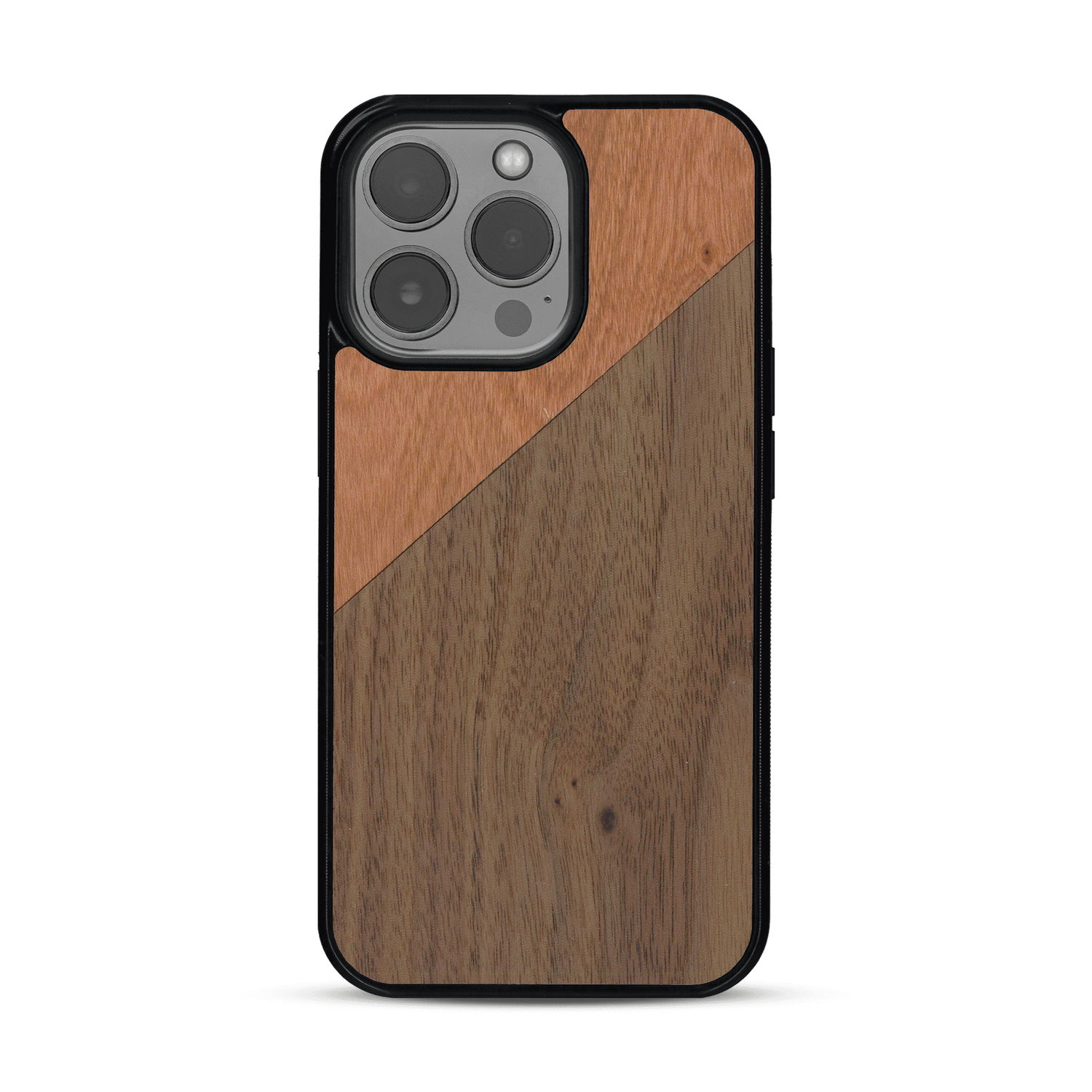 Coque de protection en bois véritable fabriquée en France pour  alliant du merisier et du noyer formant chacun un triangle avec une jointure en diagonale sur le thème de l'art abstrait
