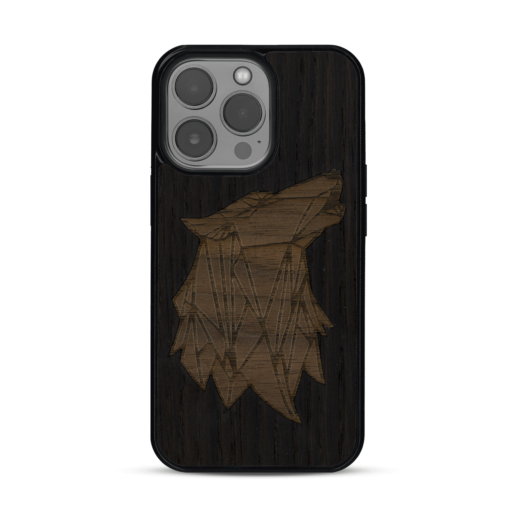 Coque de protection en bois véritable fabriquée en France pour  alliant du chêne fumé et du noyer représentant une tête de loup géométrique de profil sur le thème des animaux et de la nature