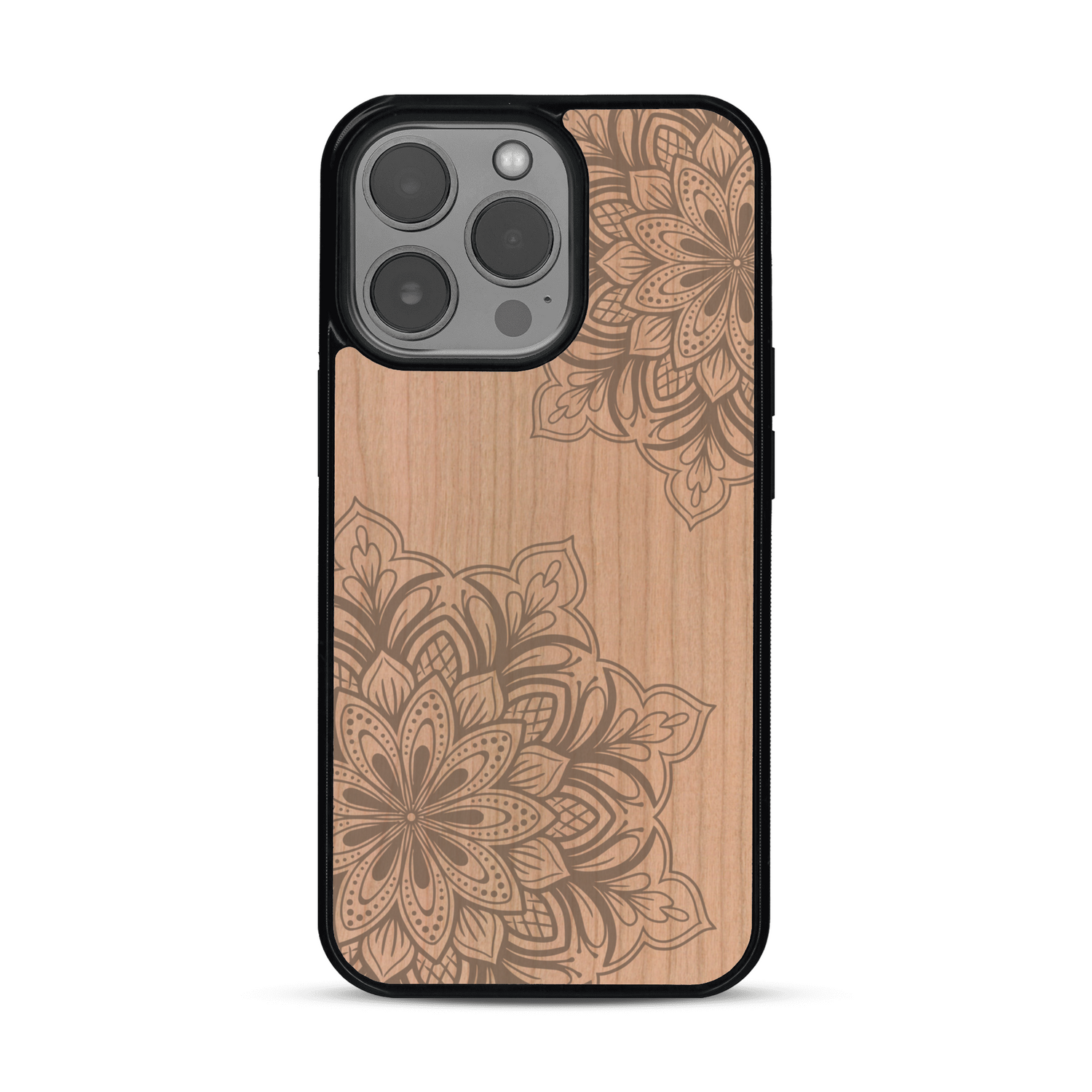 Coque de protection en bois véritable fabriquée en France pour  sur le thème de la bohème et du tatouage au henné avec une gravure représentant un mandala