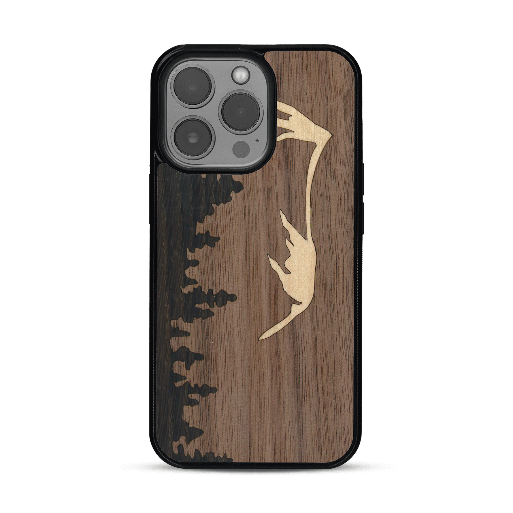 Coque de protection en bois véritable fabriquée en France pour  sur le thème de la nature et de la montagne qui allie du chêne fumé, du noyer et du bambou représentant le mont mézenc