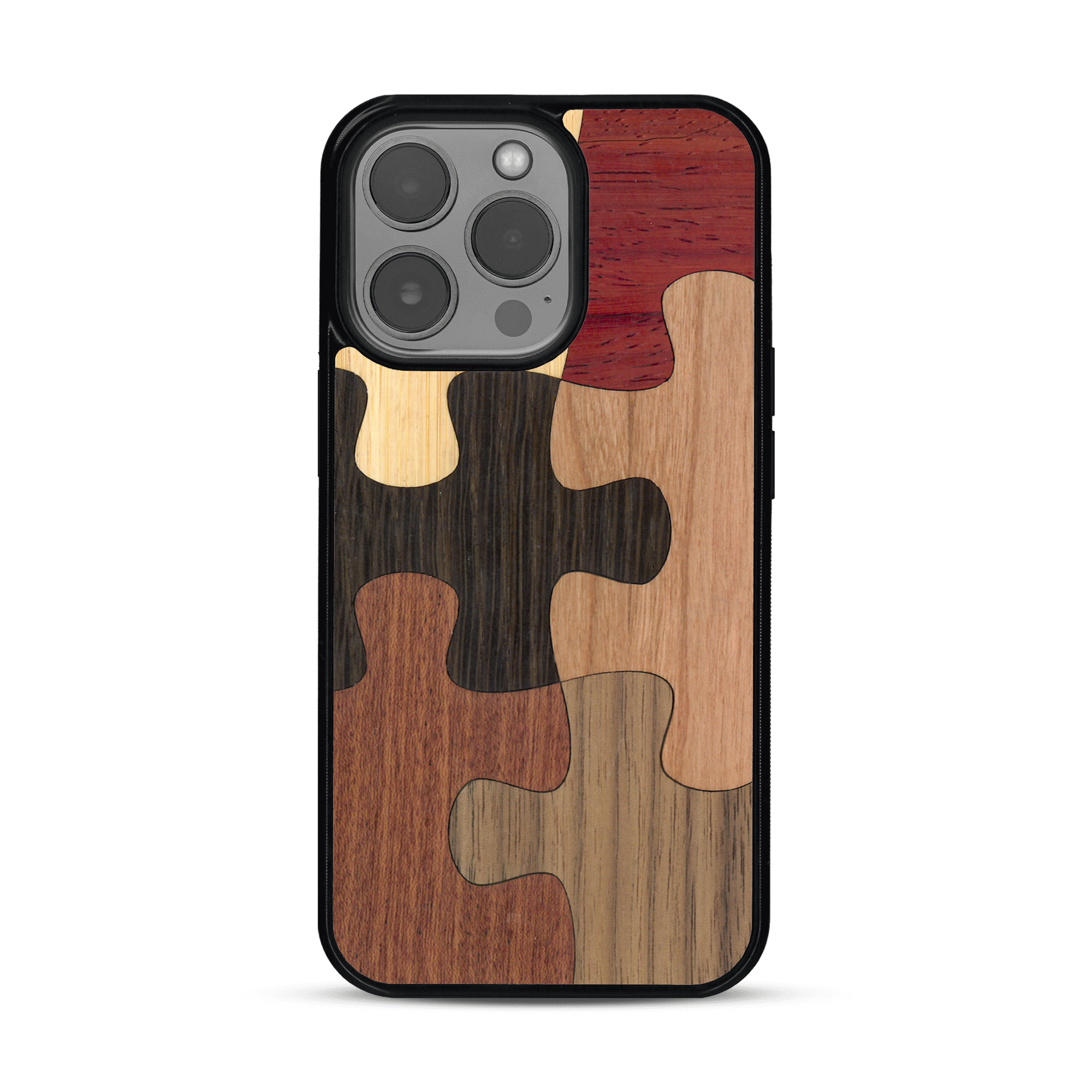 Coque de protection en bois véritable fabriquée en France pour  représentant un puzzle en six pièces qui allie du chêne fumé, du noyer, du bambou, du padouk, du merisier et de l'acajou