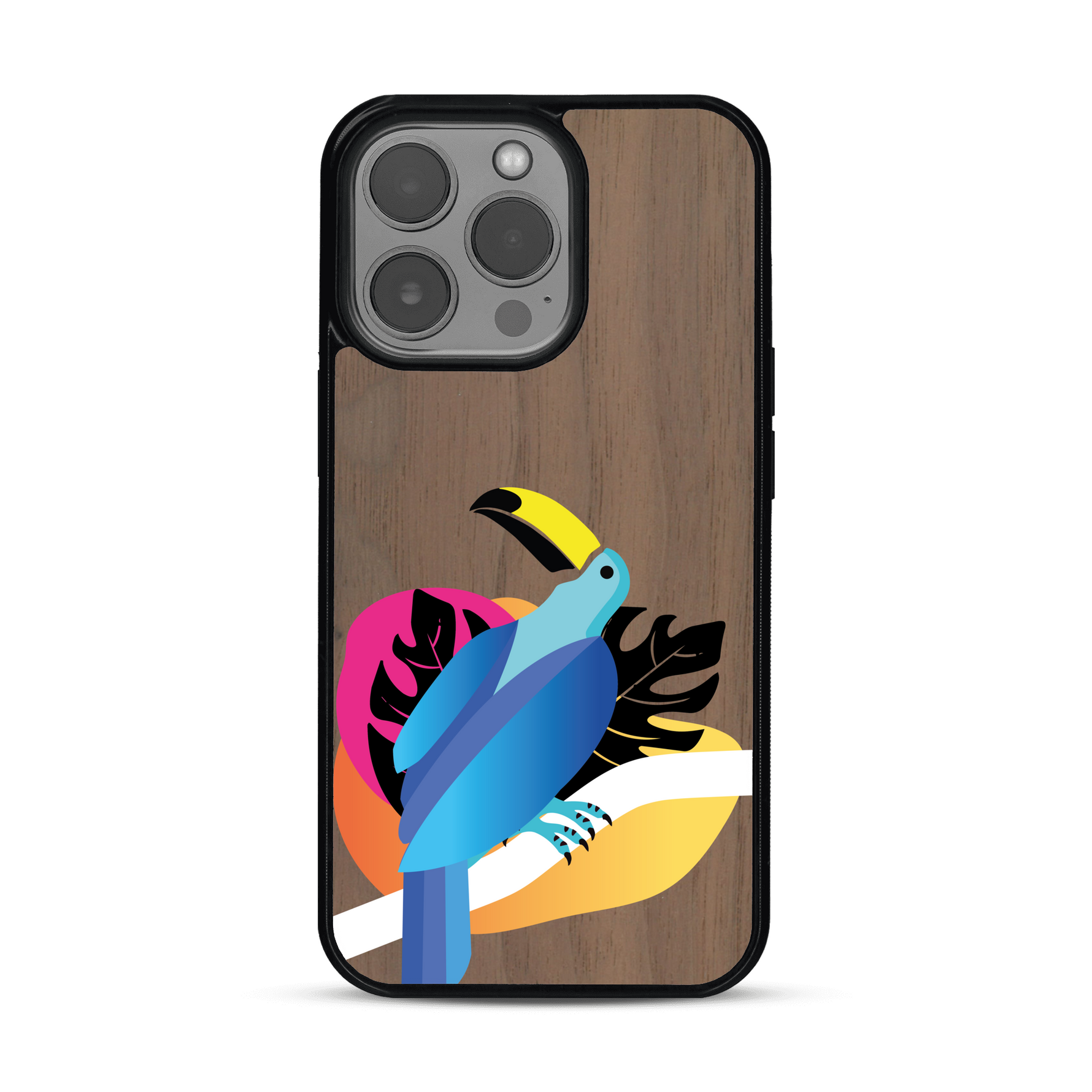 Coque de protection en bois véritable fabriquée en France pour iPhone 13 Pro représentant un toucan coloré avec un design moderne et minimaliste sur le thème de la jungle et de la nature