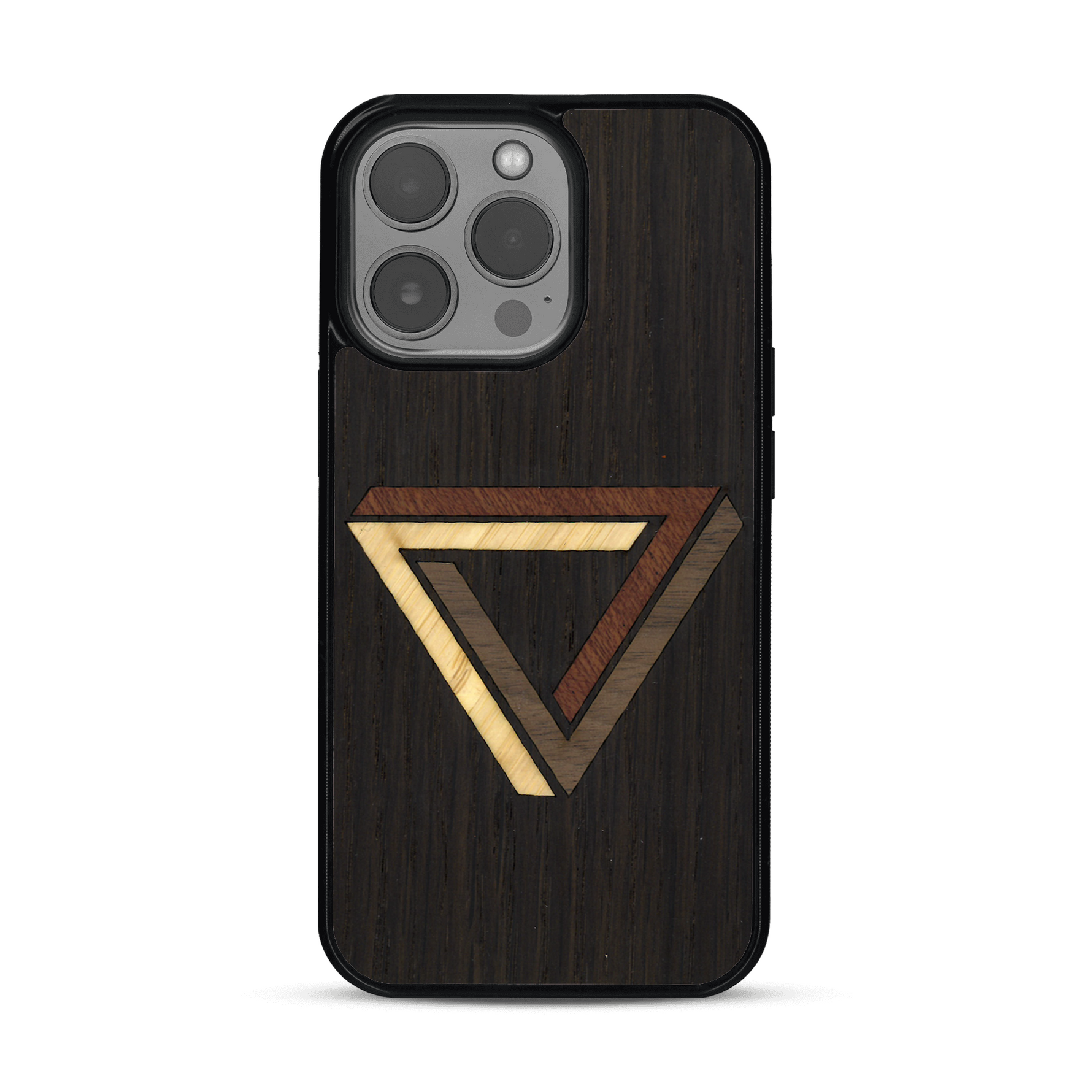 Coque de protection en bois véritable fabriquée en France pour  sur le thème de l'art géométrique qui allie du chêne fumé, du noyer, du bambou et du padouk représentant le triangle de penrose
