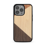 Coque de protection en bois véritable fabriquée en France pour  alliant du merisier, du noyer et du bambou formant chacun deux triangles et un trapèze avec deux jointures en diagonale sur le thème de l'art abstrait