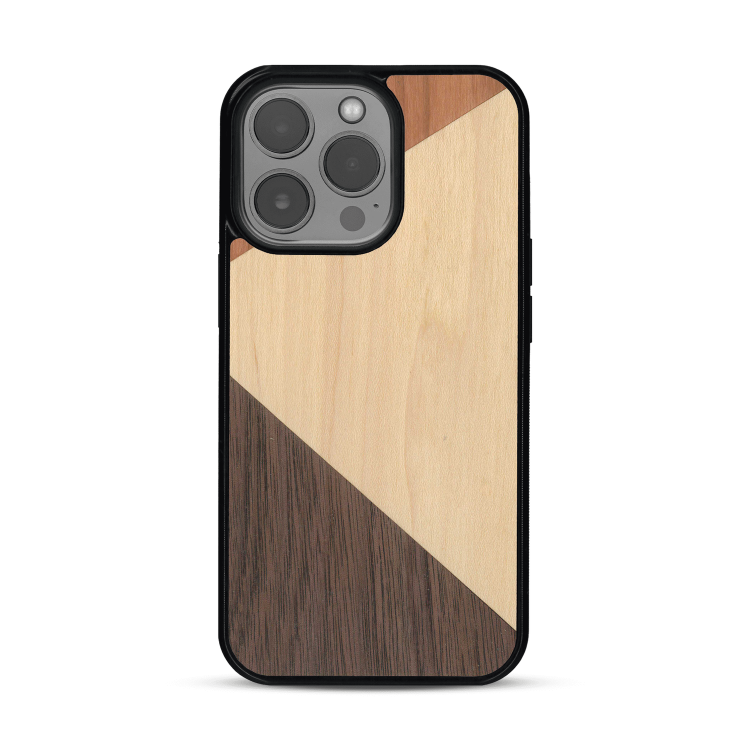 Coque de protection en bois véritable fabriquée en France pour  alliant du merisier, du noyer et du bambou formant chacun deux triangles et un trapèze avec deux jointures en diagonale sur le thème de l'art abstrait