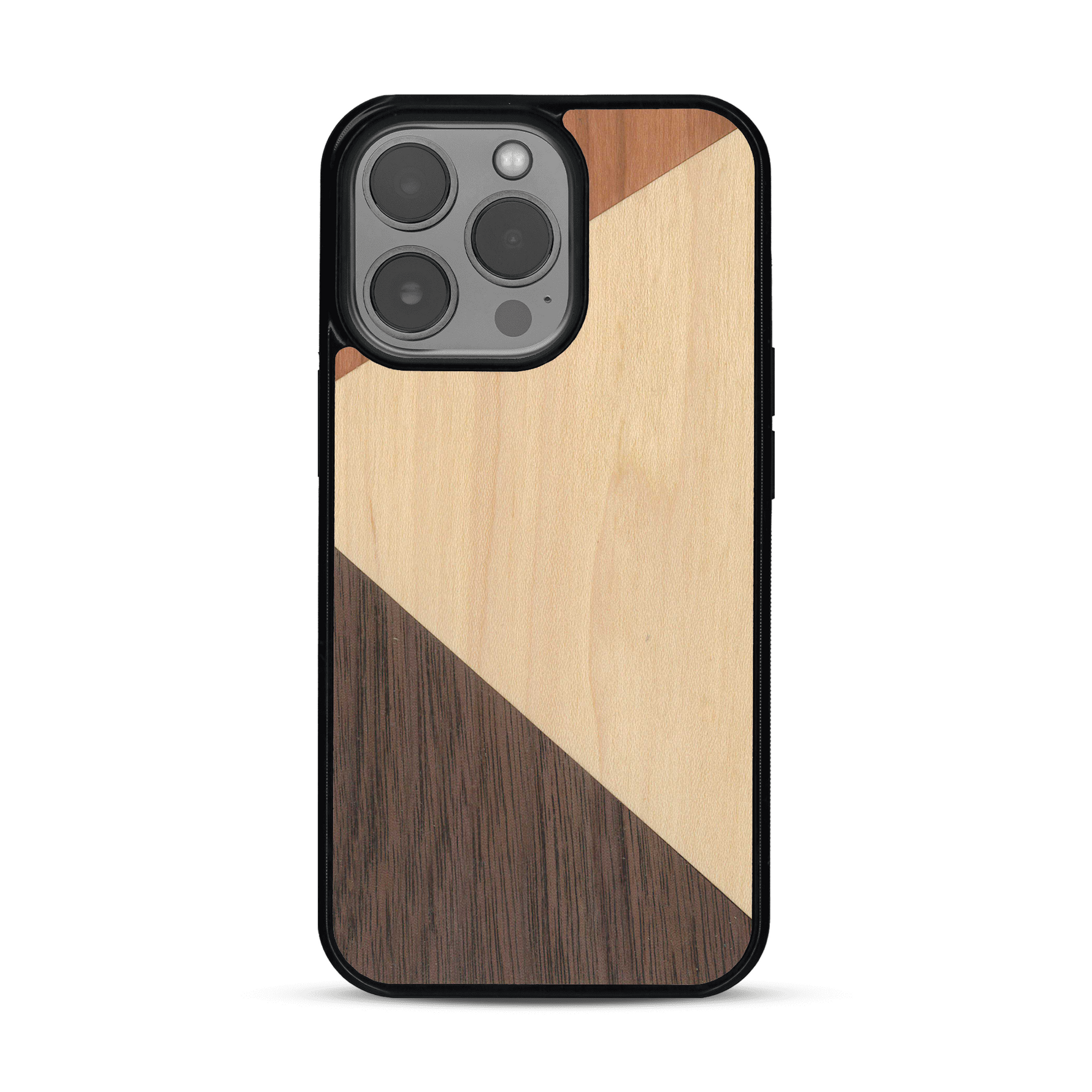Coque de protection en bois véritable fabriquée en France pour  alliant du merisier, du noyer et du bambou formant chacun deux triangles et un trapèze avec deux jointures en diagonale sur le thème de l'art abstrait