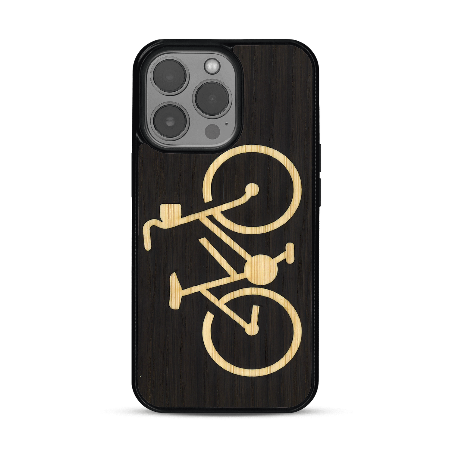Coque de protection en bois véritable fabriquée en France pour  sur le theme du vélo et de l'outdoor qui allie du bambou et du chêne fumé représentant un vélo