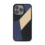 Coque de protection en bois véritable fabriquée en France pour  alliant du bambou, du tulipier bleu et noir en forme de mosaïque minimaliste sur le thème de l'art abstrait
