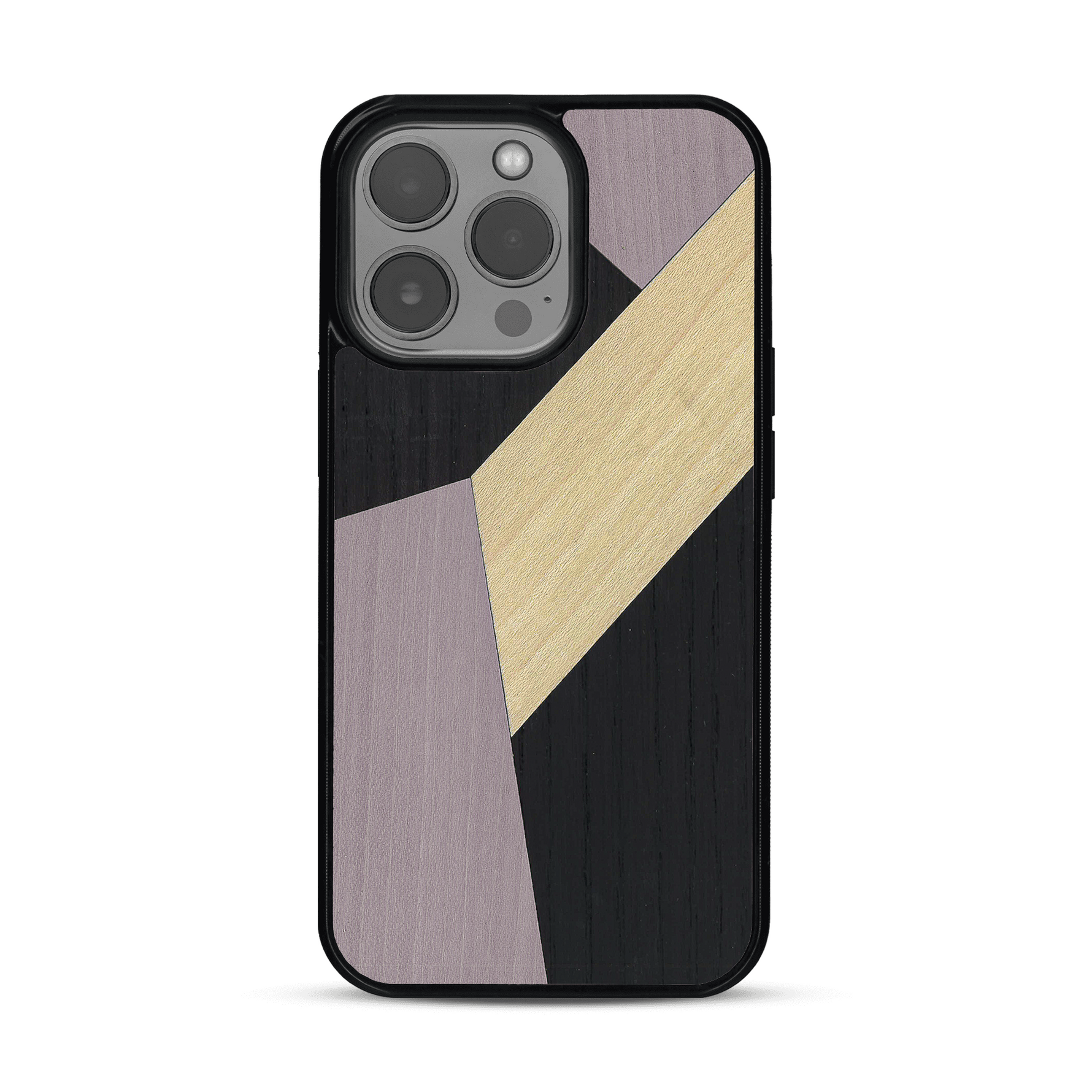 Coque de protection en bois véritable fabriquée en France pour  alliant du bambou, du tulipier mauve et noir en forme de mosaïque minimaliste sur le thème de l'art abstrait