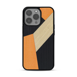 Coque de protection en bois véritable fabriquée en France pour  alliant du bambou, du tulipier orange et noir en forme de mosaïque minimaliste sur le thème de l'art abstrait