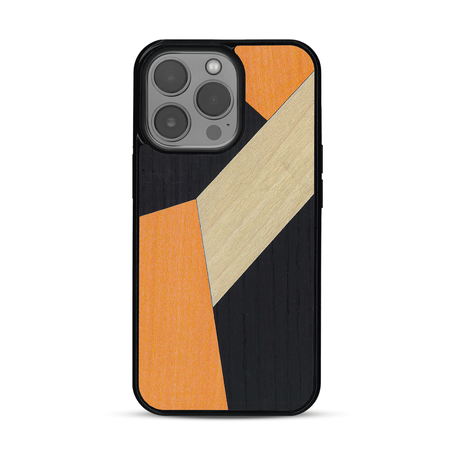 Coque de protection en bois véritable fabriquée en France pour  alliant du bambou, du tulipier orange et noir en forme de mosaïque minimaliste sur le thème de l'art abstrait