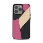 Coque de protection en bois véritable fabriquée en France pour  alliant du bambou, du tulipier rose et noir en forme de mosaïque minimaliste sur le thème de l'art abstrait
