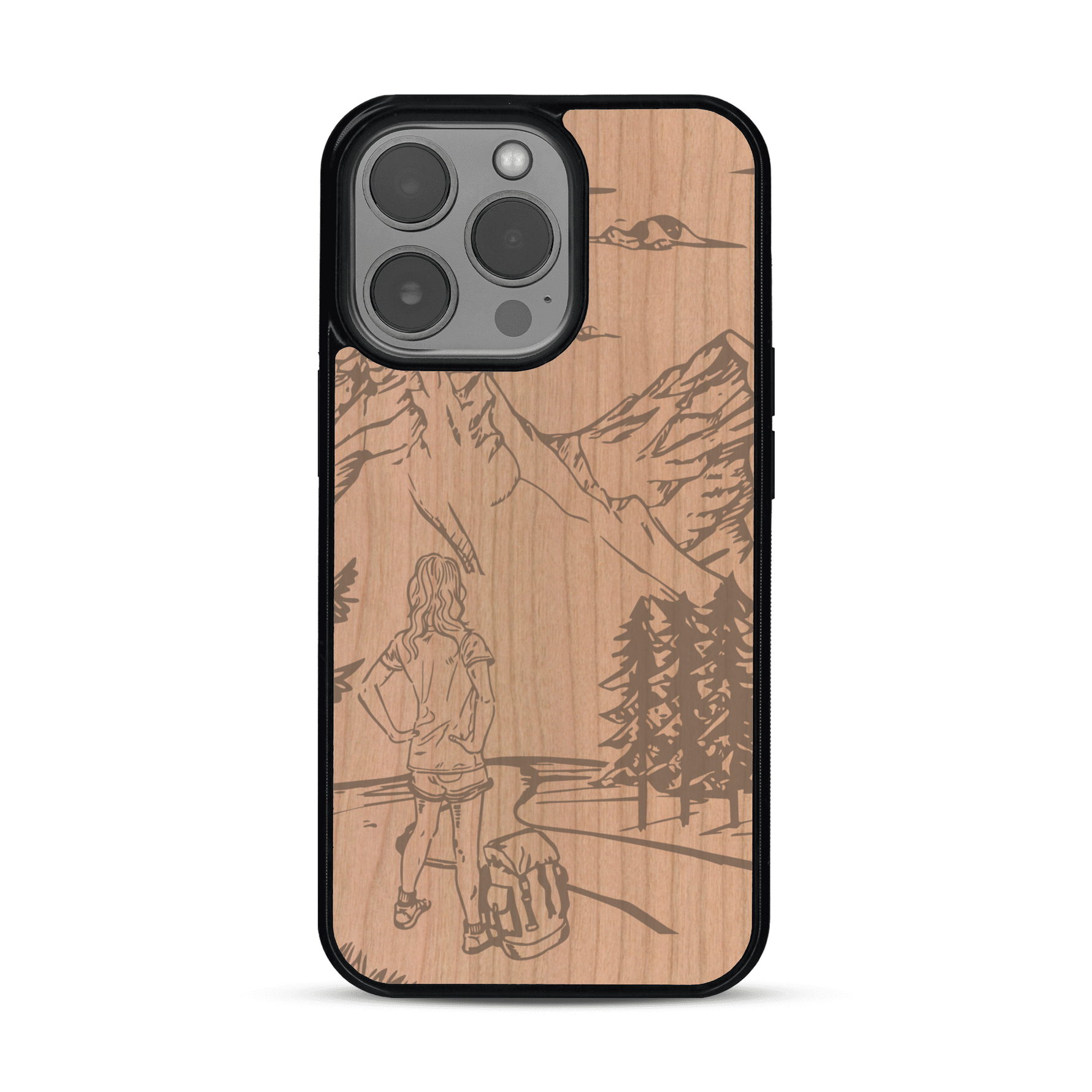 Coque de protection en bois véritable fabriquée en France pour  sur le thème de la randonnée en montagne et de l'aventure avec une gravure représentant une femme de dos face à un paysage de nature