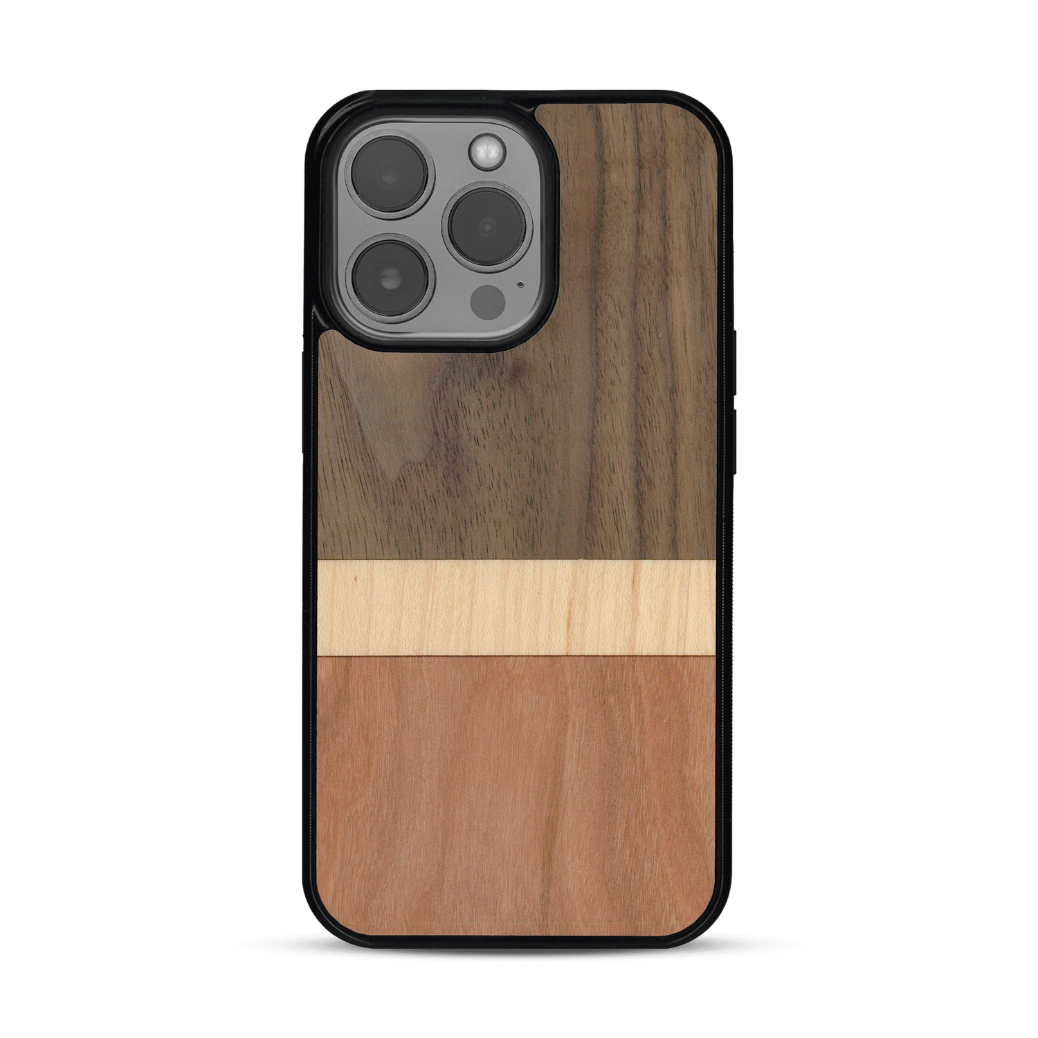 Coque de protection en bois véritable fabriquée en France pour  alliant des bandes horizontales de bambou, merisier et noyer