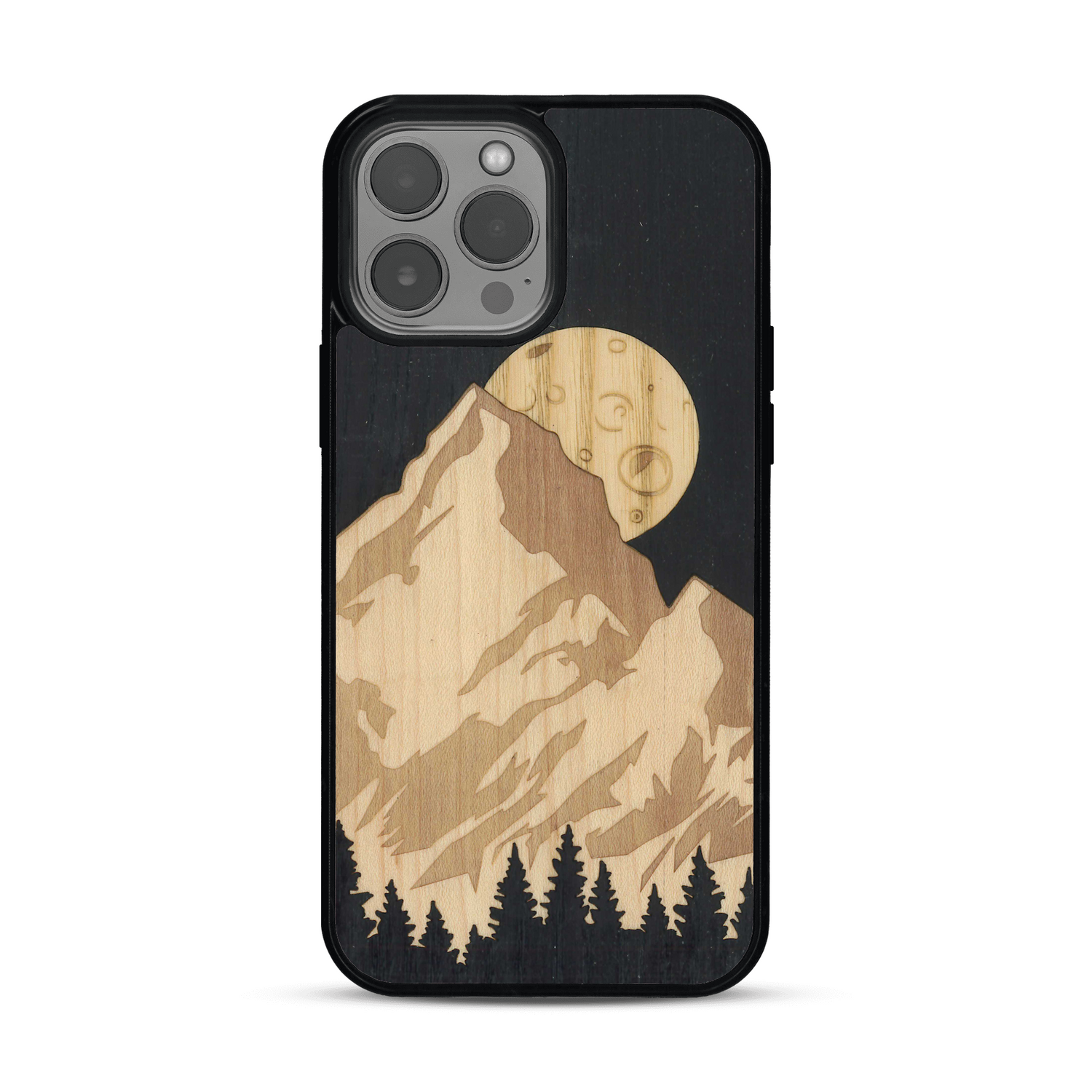 Coque de protection en bois véritable fabriquée en France pour  alliant plusieurs essences de bois pour représenter le mont Everest