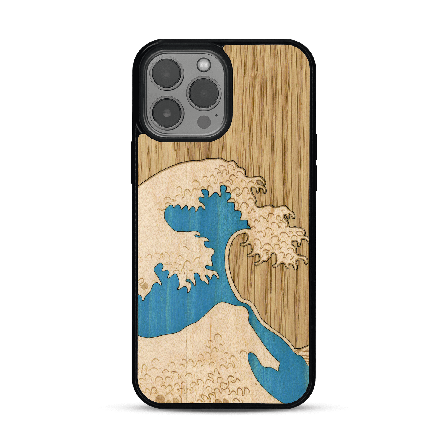 Coque de protection en bois véritable fabriquée en France pour  alliant plusieurs essences de bois pour représenter la célèbre grande vague de Kanagawa