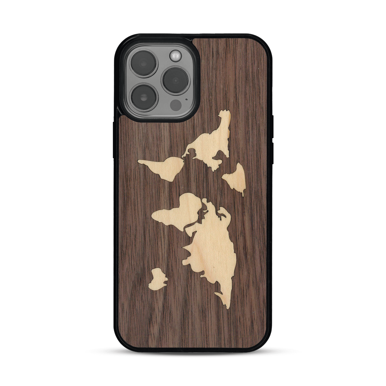 Coque de protection en bois véritable fabriquée en France pour  alliant du bambou et du noyer sur le thème du voyage et de l'aventure représentant une mappemonde