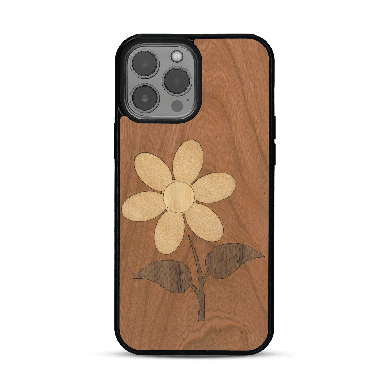 Coque de protection en bois véritable fabriquée en France pour  alliant plusieurs essences de bois pour représenter une marguerite