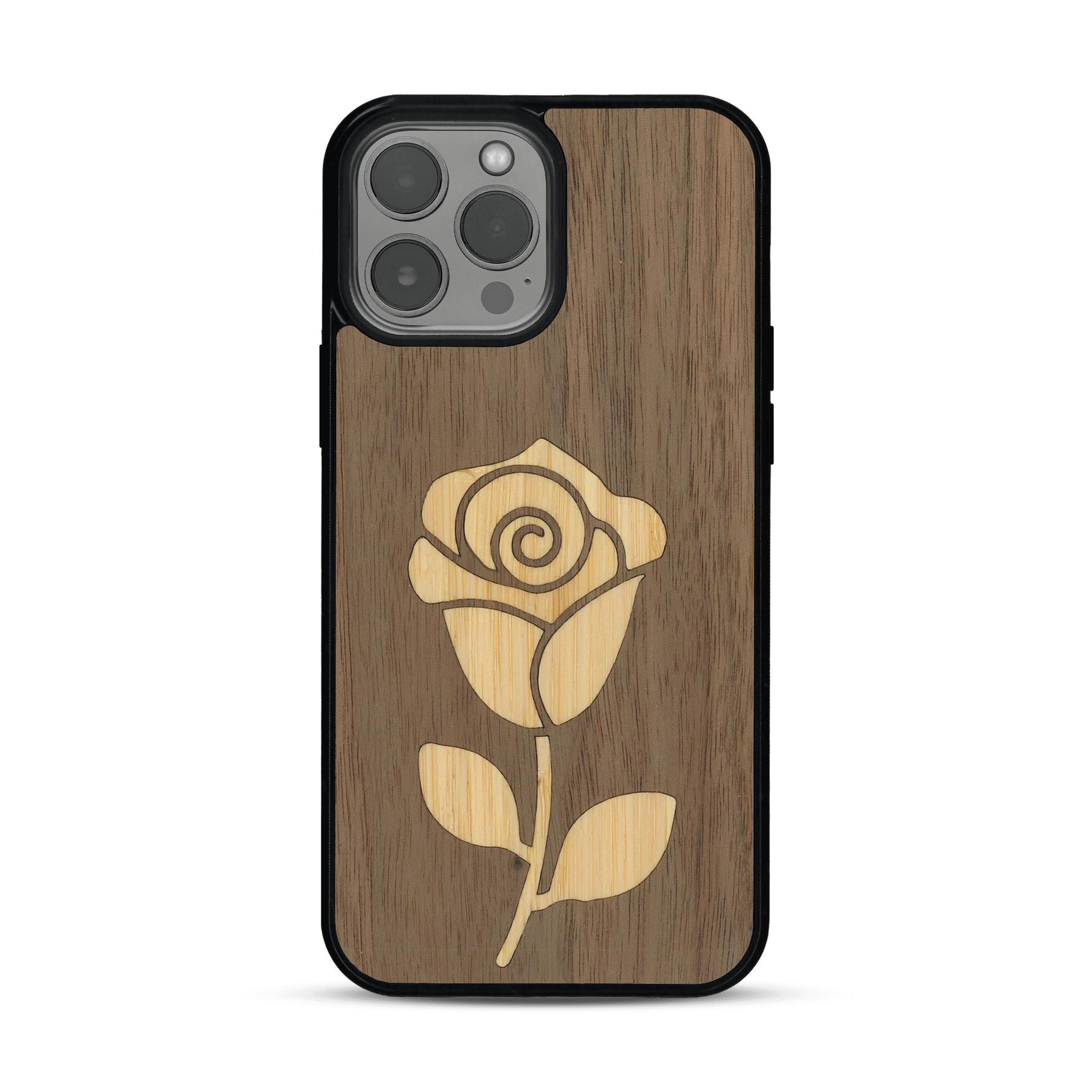 Coque de protection en bois véritable fabriquée en France pour  alliant plusieurs essences de bois pour représenter une rose