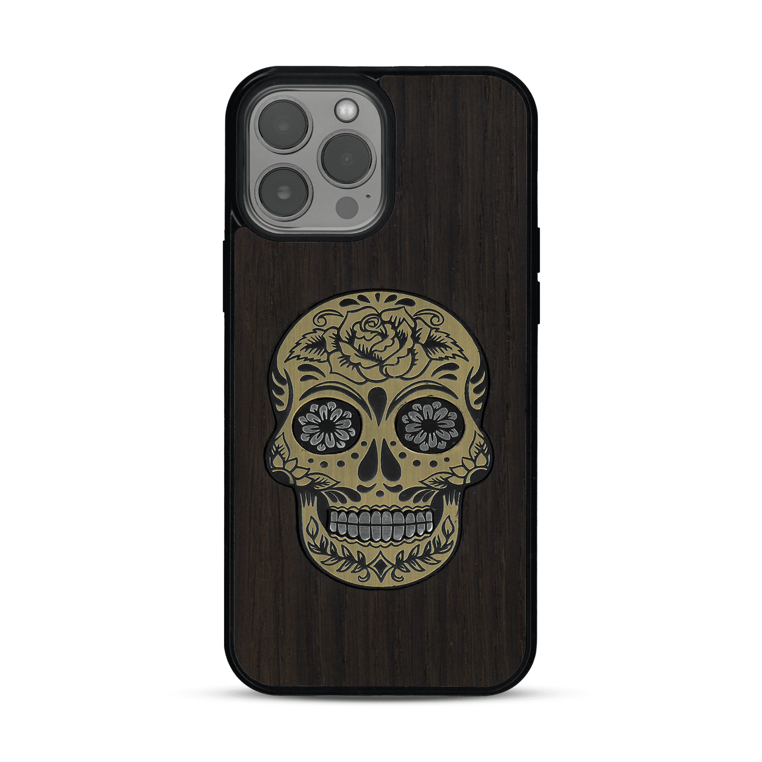 Coque de protection en bois véritable fabriquée en France pour  alliant du chêne fumé avec du métal argenté et doré représentant une tête de mort mexicaine sur le thème Dia de los Muertos