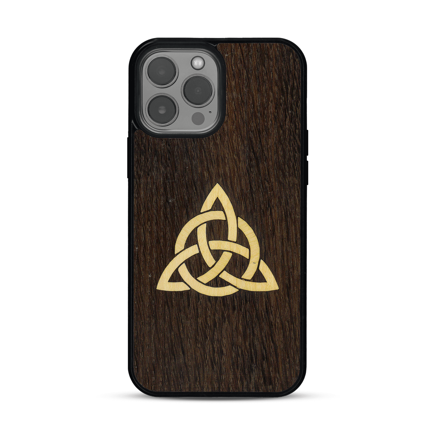 Coque de protection en bois véritable fabriquée en France pour  alliant du chêne fumé et du bambou représentant une triquetra