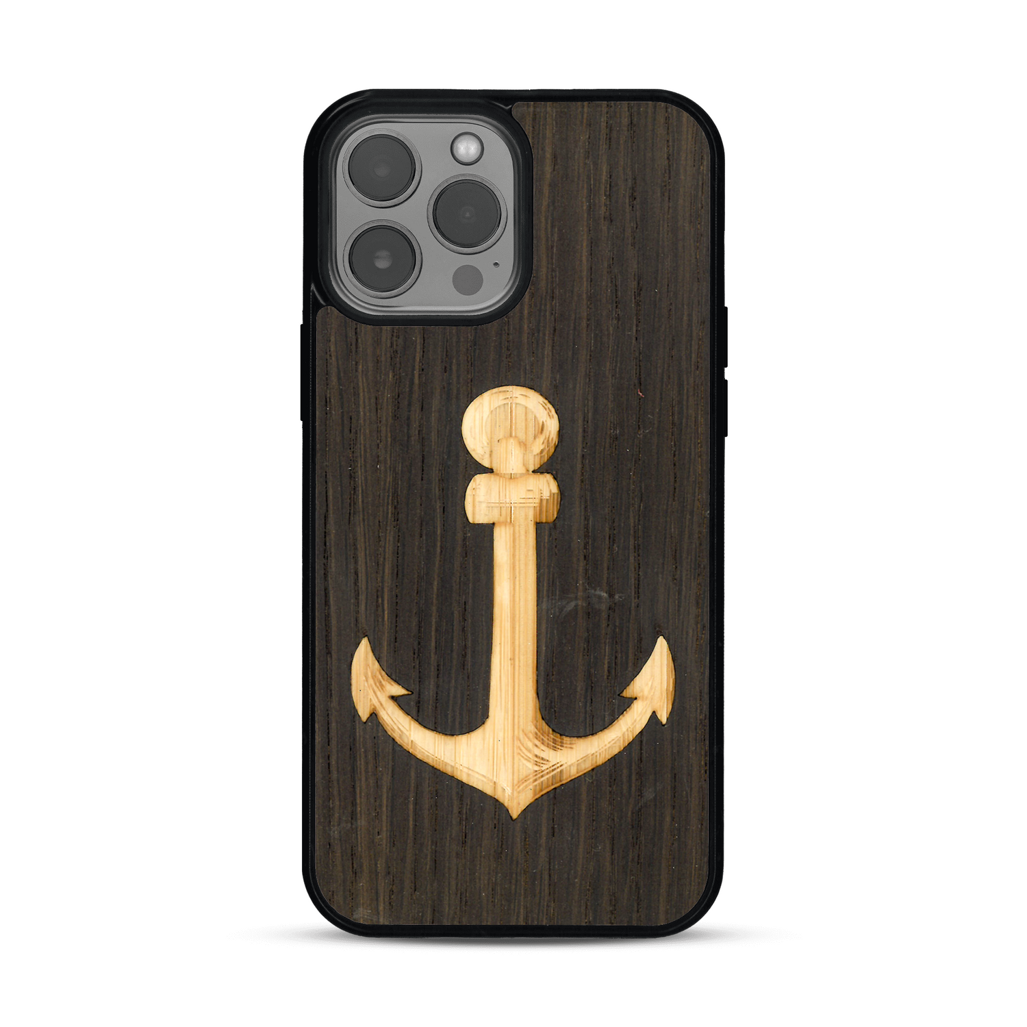 Coque de protection en bois véritable fabriquée en France pour  sur le thème nautique avec un bois clair et un bois foncé représentant une ancre de bateau
