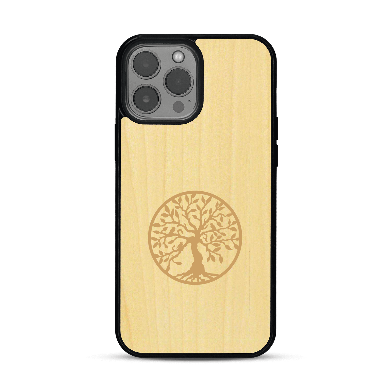 Coque de protection en bois véritable fabriquée en France pour  sur le thème de la spiritualité et du yoga avec une gravure zen représentant un arbre de vie