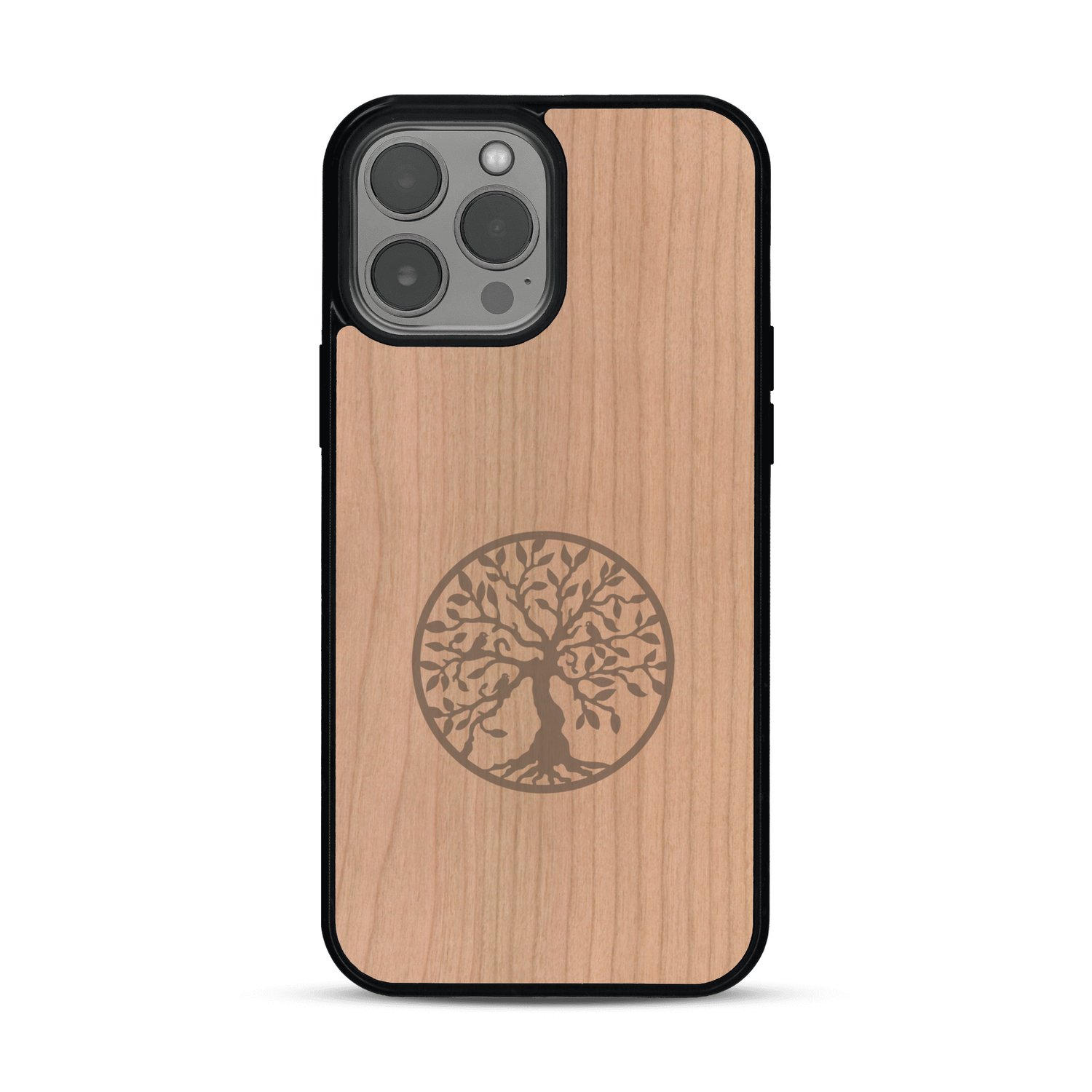 Coque de protection en bois véritable fabriquée en France pour  sur le thème de la spiritualité et du yoga avec une gravure zen représentant un arbre de vie