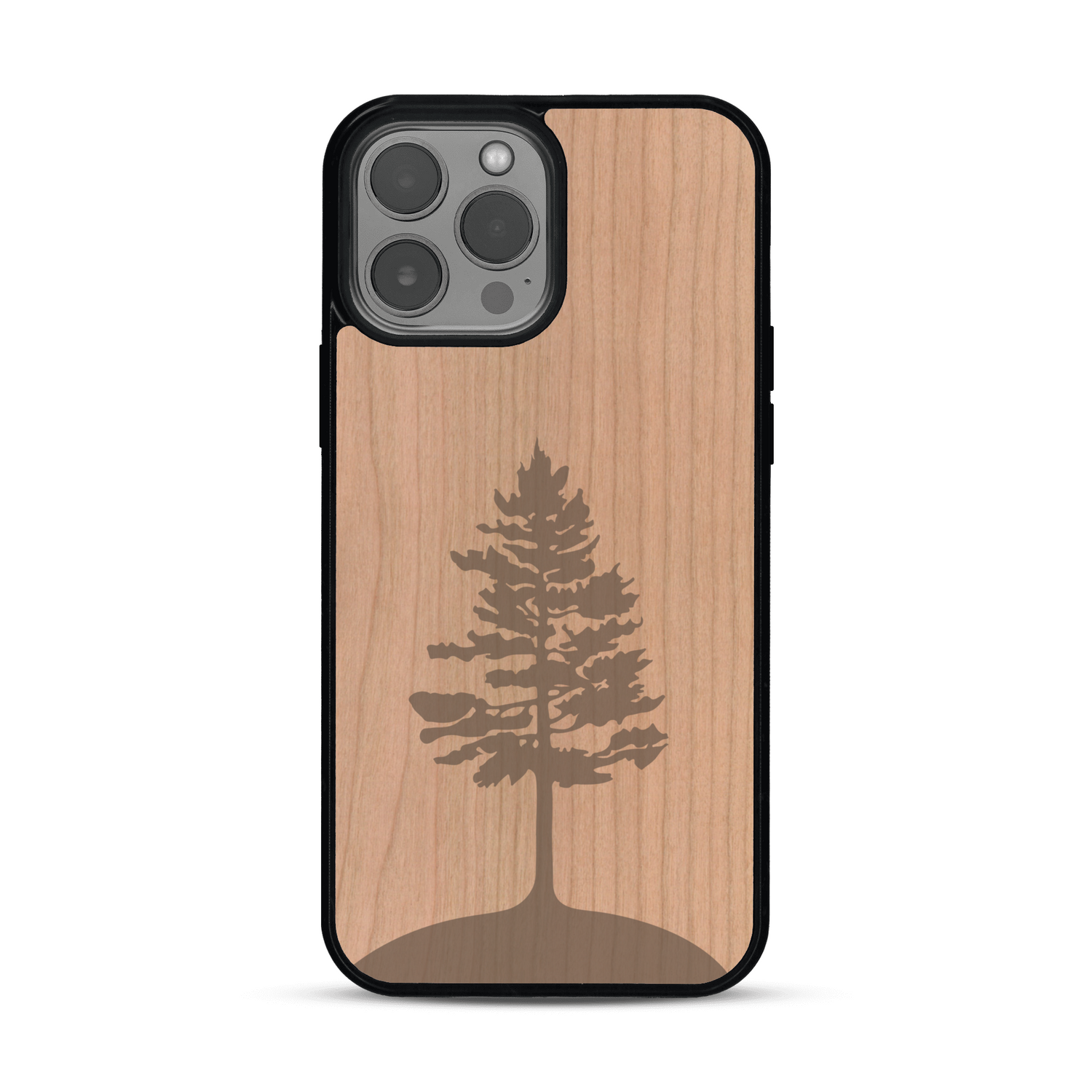 Coque de protection en bois véritable fabriquée en France pour  sur le thème de la nature, de la fôret et de l'écoresponsabilité avec une gravure représentant un arbre 