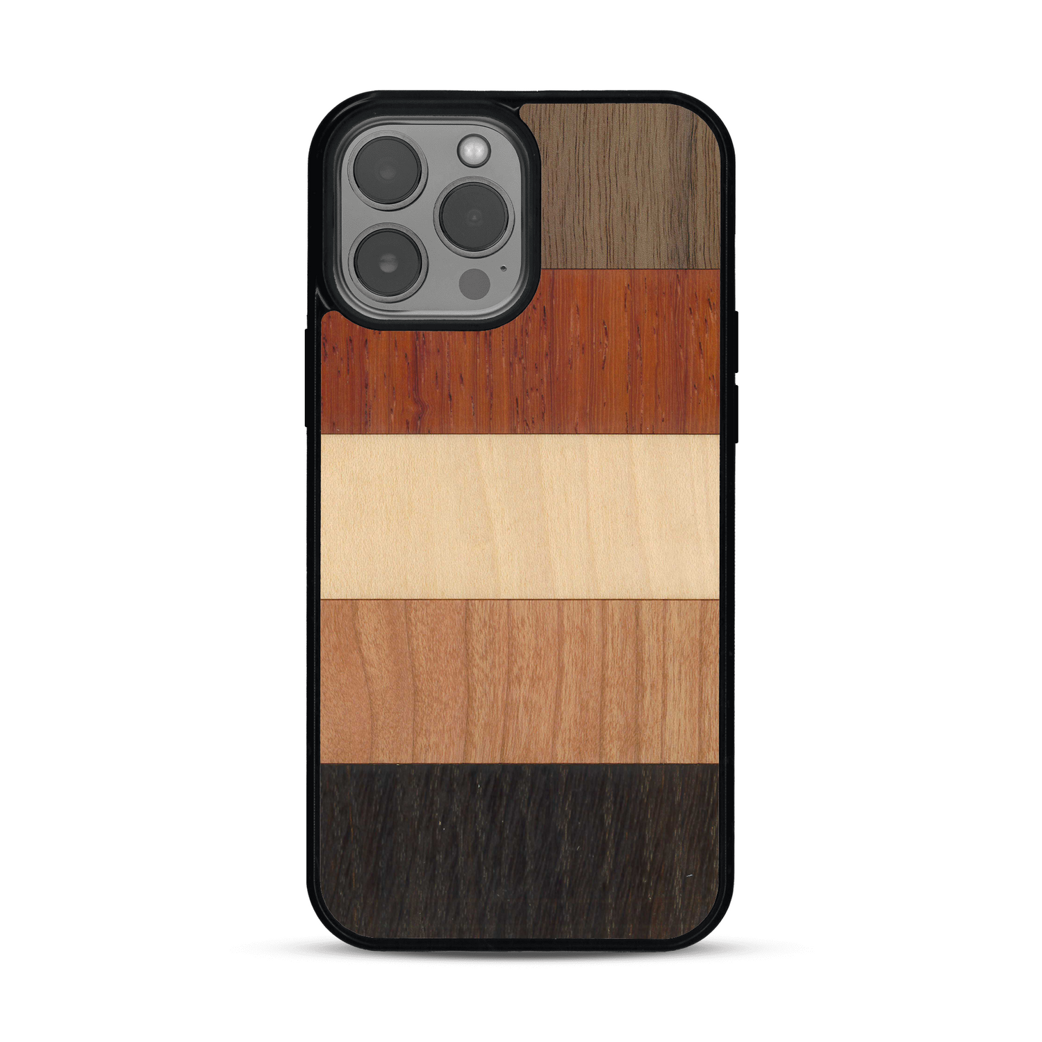 Coque de protection en bois véritable fabriquée en France pour  alliant des bandes horizontales de bambou, merisier, padouk, noyer et chêne fumé