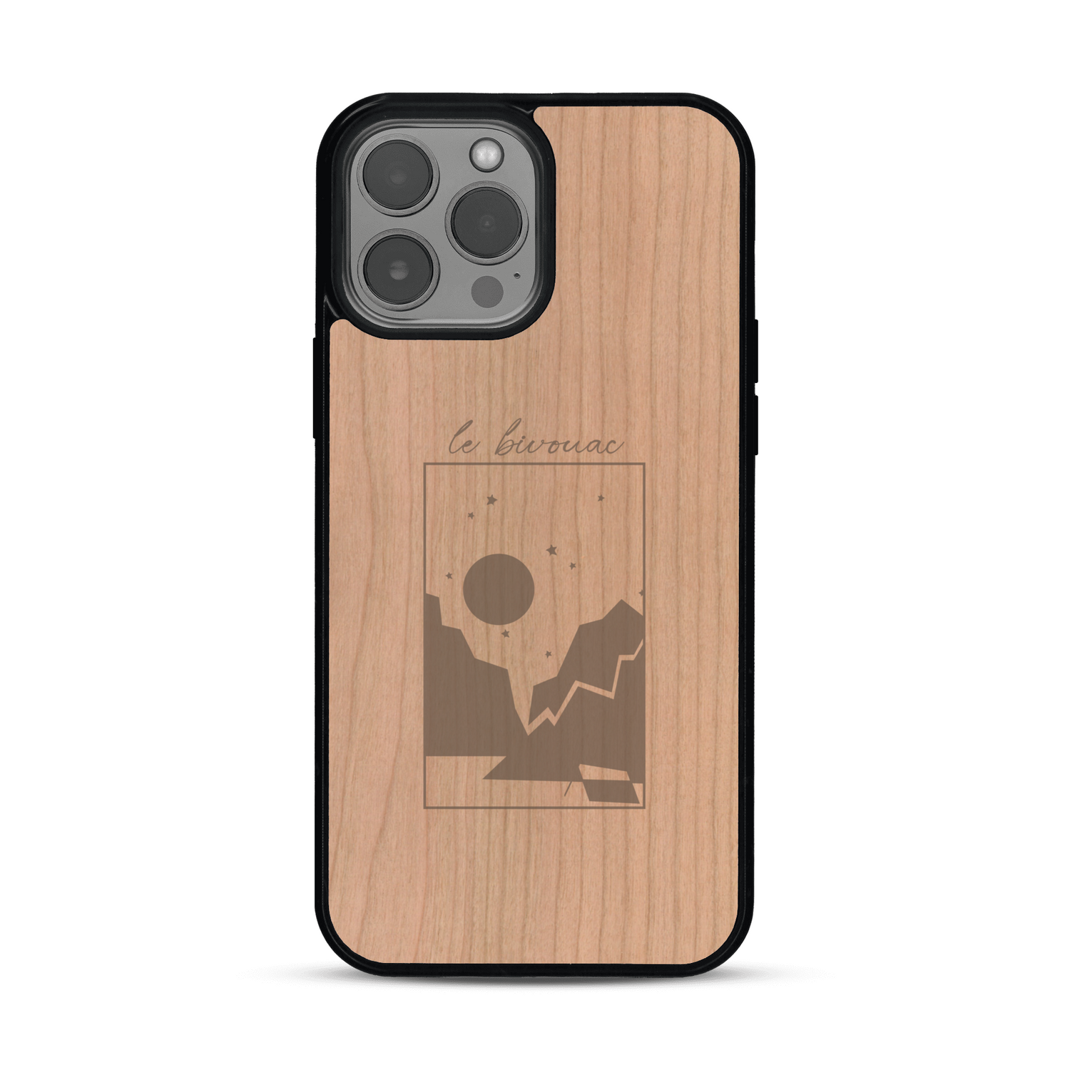 Coque de protection en bois véritable fabriquée en France pour  sur le thème du camping en pleine nature et du bivouac avec la phrase "Aventure is out there"