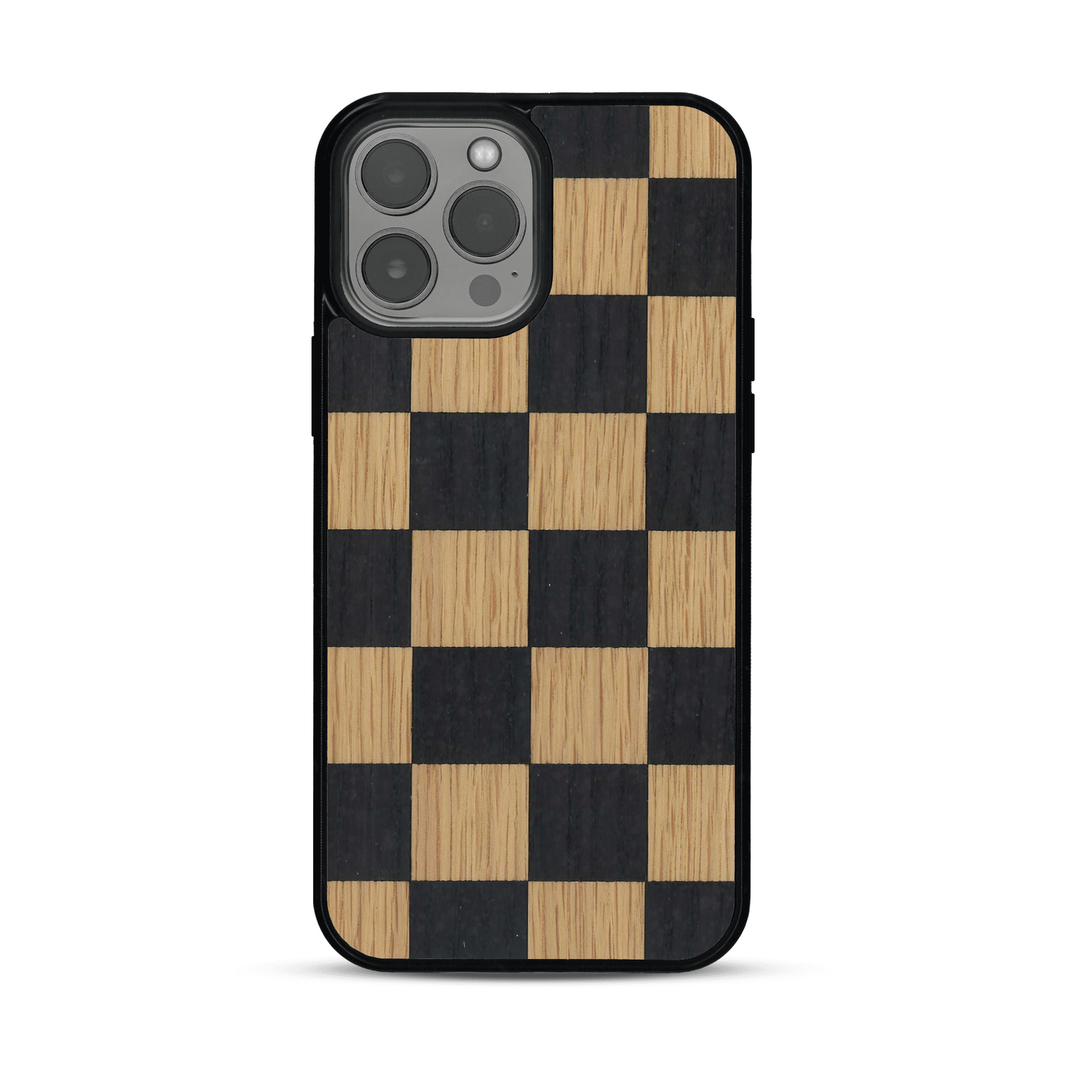 Coque de protection en bois véritable fabriquée en France pour  alliant plusieurs essences de bois pour représenter un damier