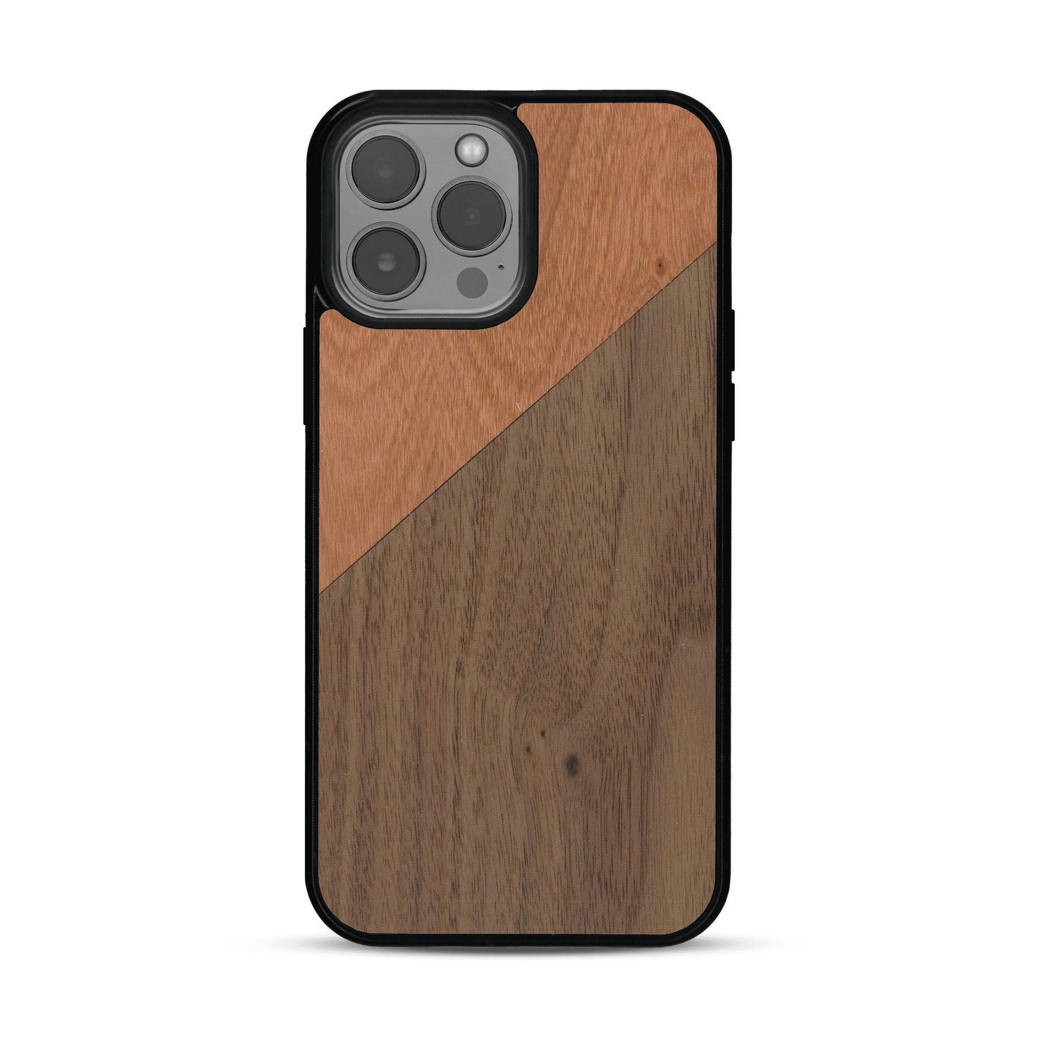 Coque de protection en bois véritable fabriquée en France pour  alliant du merisier et du noyer formant chacun un triangle avec une jointure en diagonale sur le thème de l'art abstrait