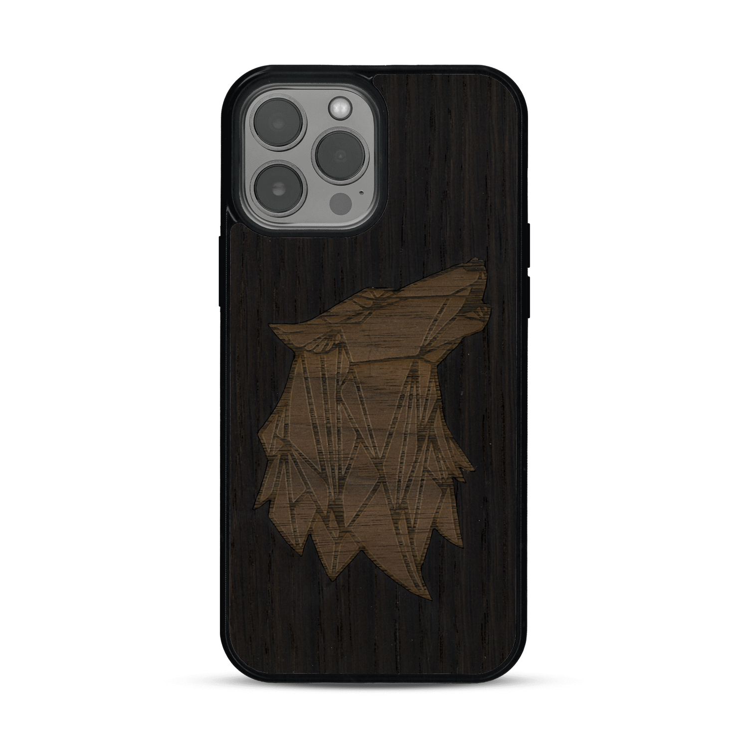 Coque de protection en bois véritable fabriquée en France pour  alliant du chêne fumé et du noyer représentant une tête de loup géométrique de profil sur le thème des animaux et de la nature