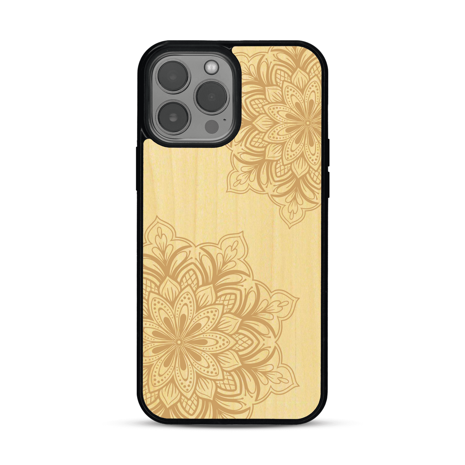 Coque de protection en bois véritable fabriquée en France pour  sur le thème de la bohème et du tatouage au henné avec une gravure représentant un mandala