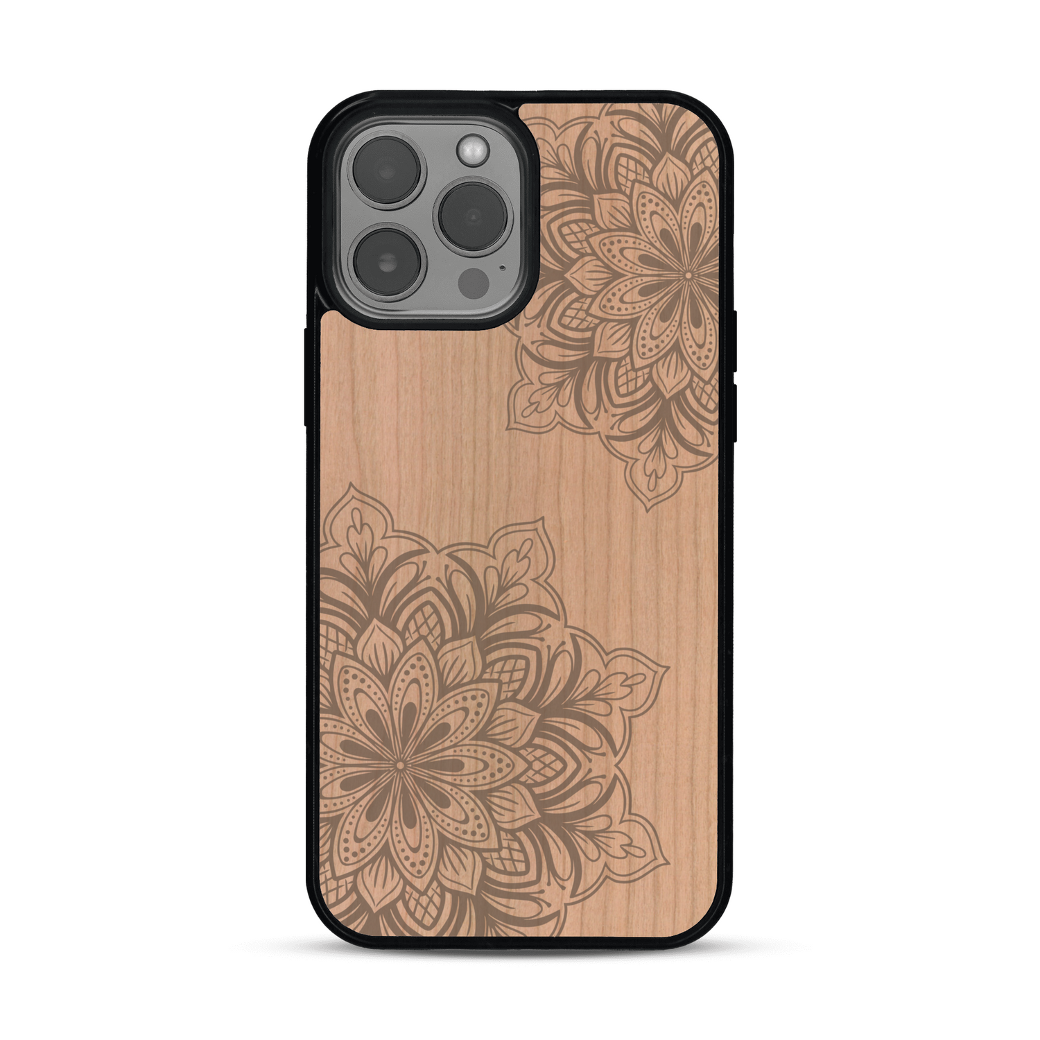 Coque de protection en bois véritable fabriquée en France pour  sur le thème de la bohème et du tatouage au henné avec une gravure représentant un mandala