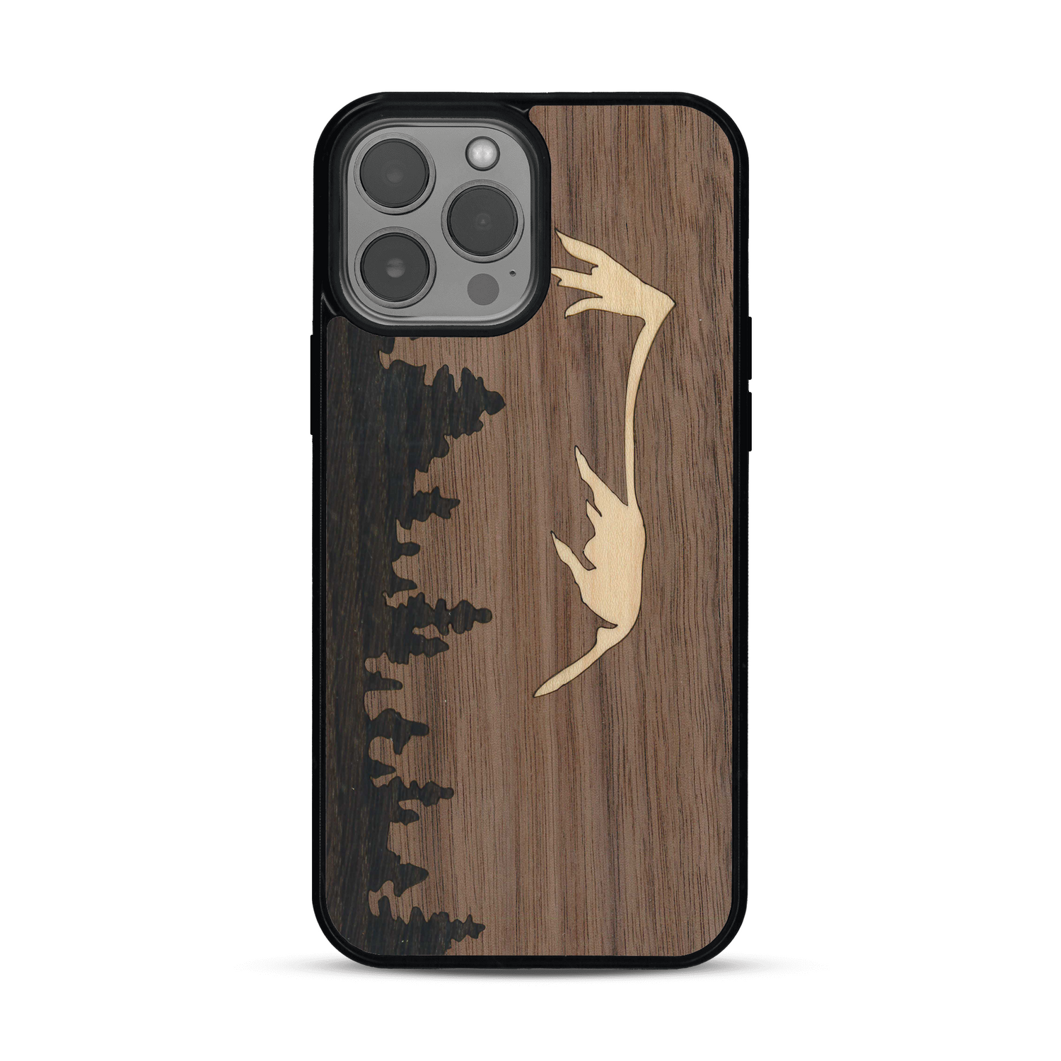 Coque de protection en bois véritable fabriquée en France pour  sur le thème de la nature et de la montagne qui allie du chêne fumé, du noyer et du bambou représentant le mont mézenc