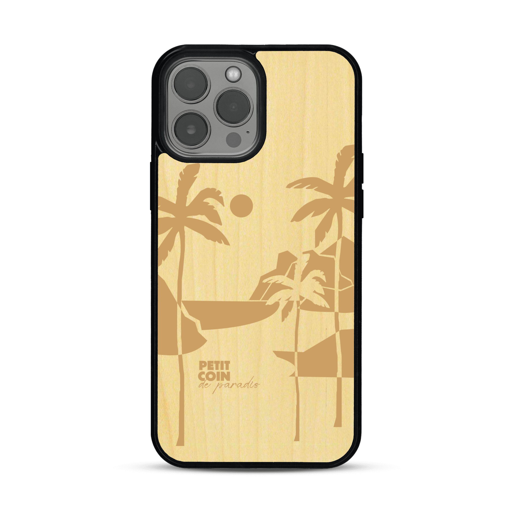 Coque de protection en bois véritable fabriquée en France pour  sur le thème des voyages en vans, vanlife et chill avec une gravure représentant un van vw combi devant le soleil couchant sur une plage avec des vagues