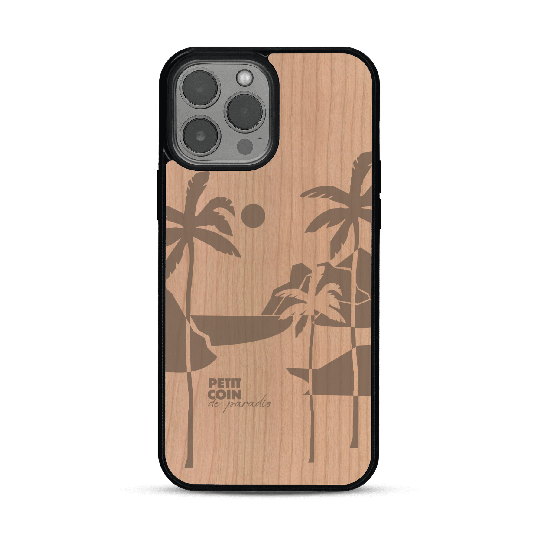 Coque de protection en bois véritable fabriquée en France pour  sur le thème des voyages en vans, vanlife et chill avec une gravure représentant un van vw combi devant le soleil couchant sur une plage avec des vagues